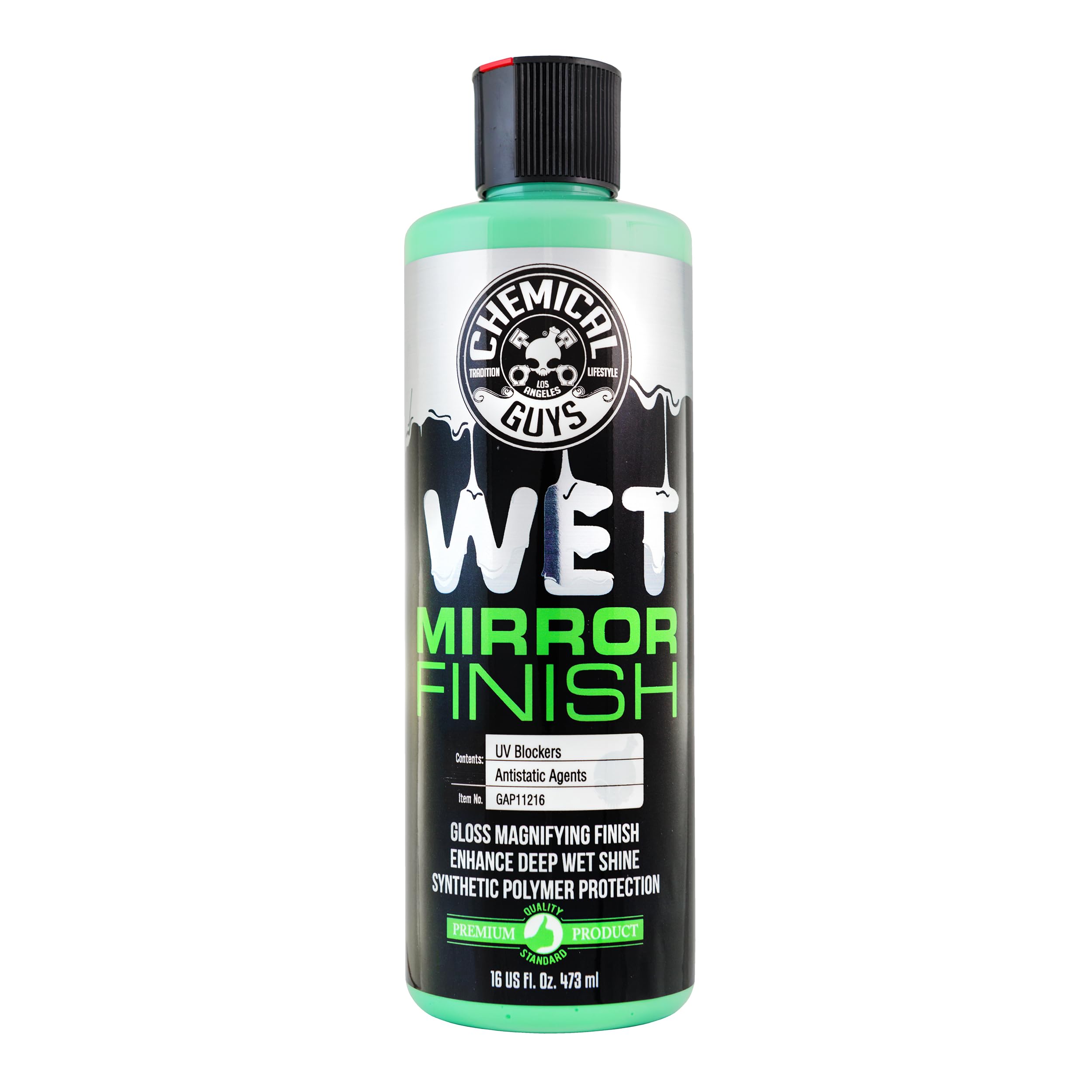 Chemical Guys Wet Mirror Finish glaze bottle highlights premium shine for paint surfaces.