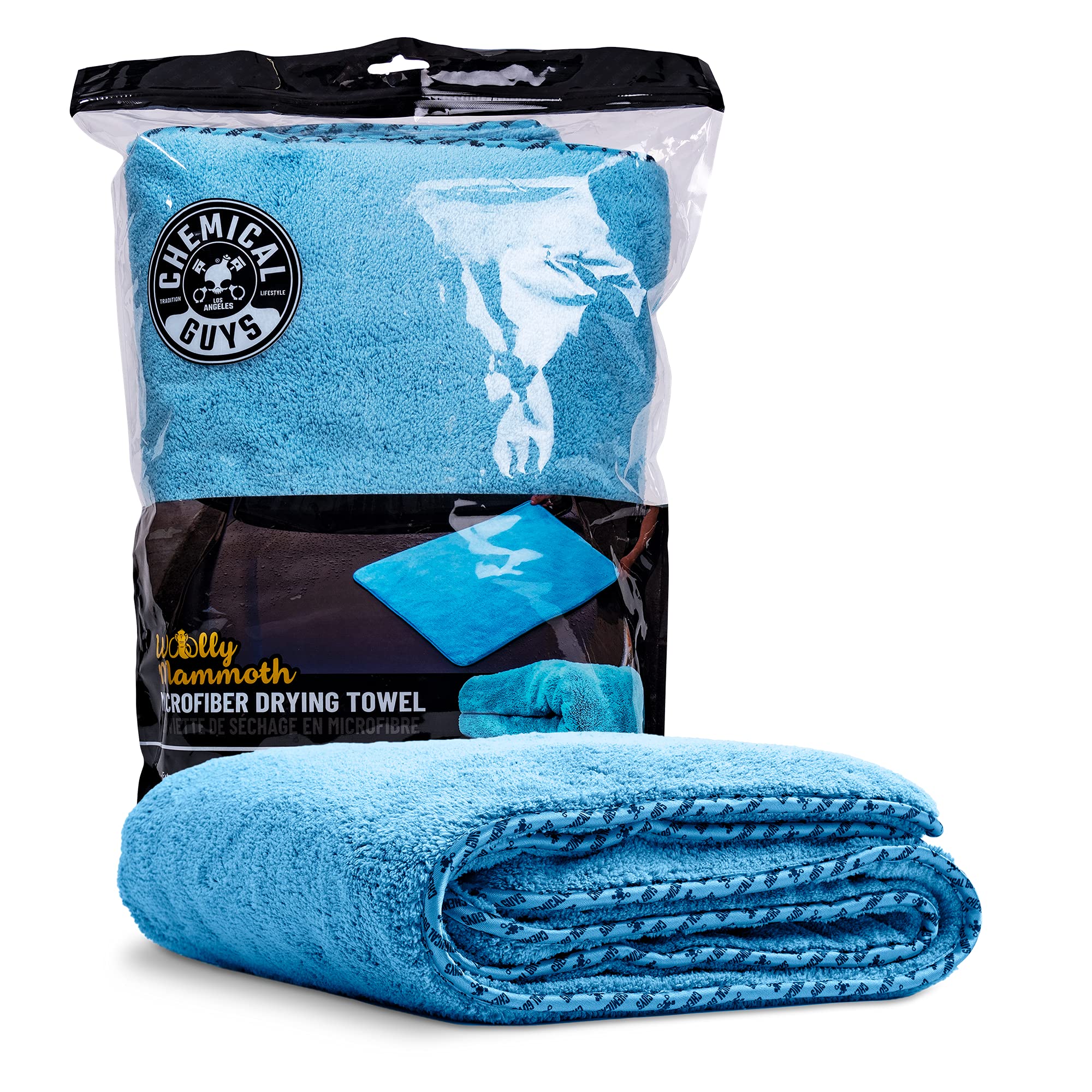 Chemical Guys Woolly Mammoth drying towel blue shows massive absorbency for fast, streak-free drying.