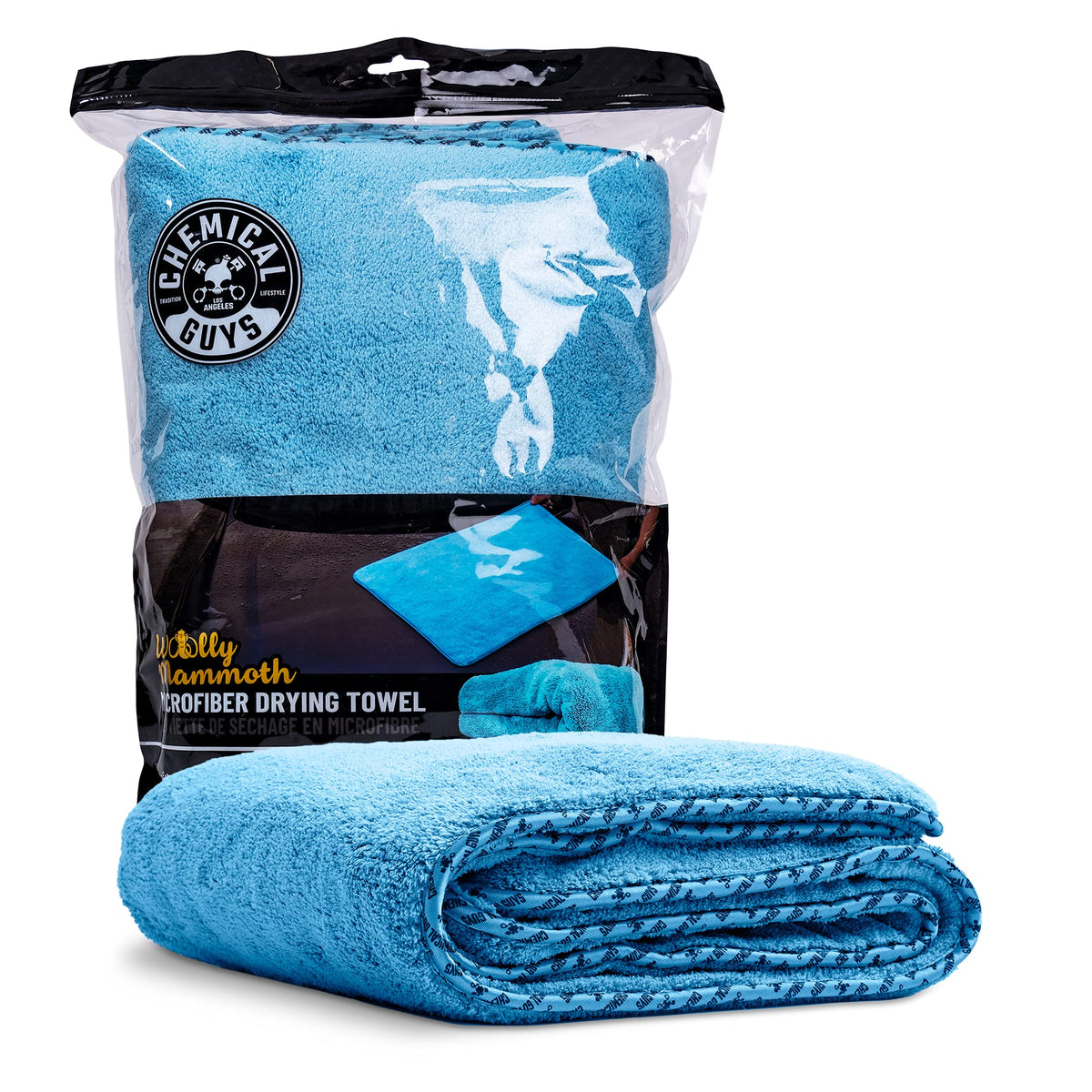 Chemical Guys Woolly Mammoth drying towel blue shows massive absorbency for fast, streak-free drying.
