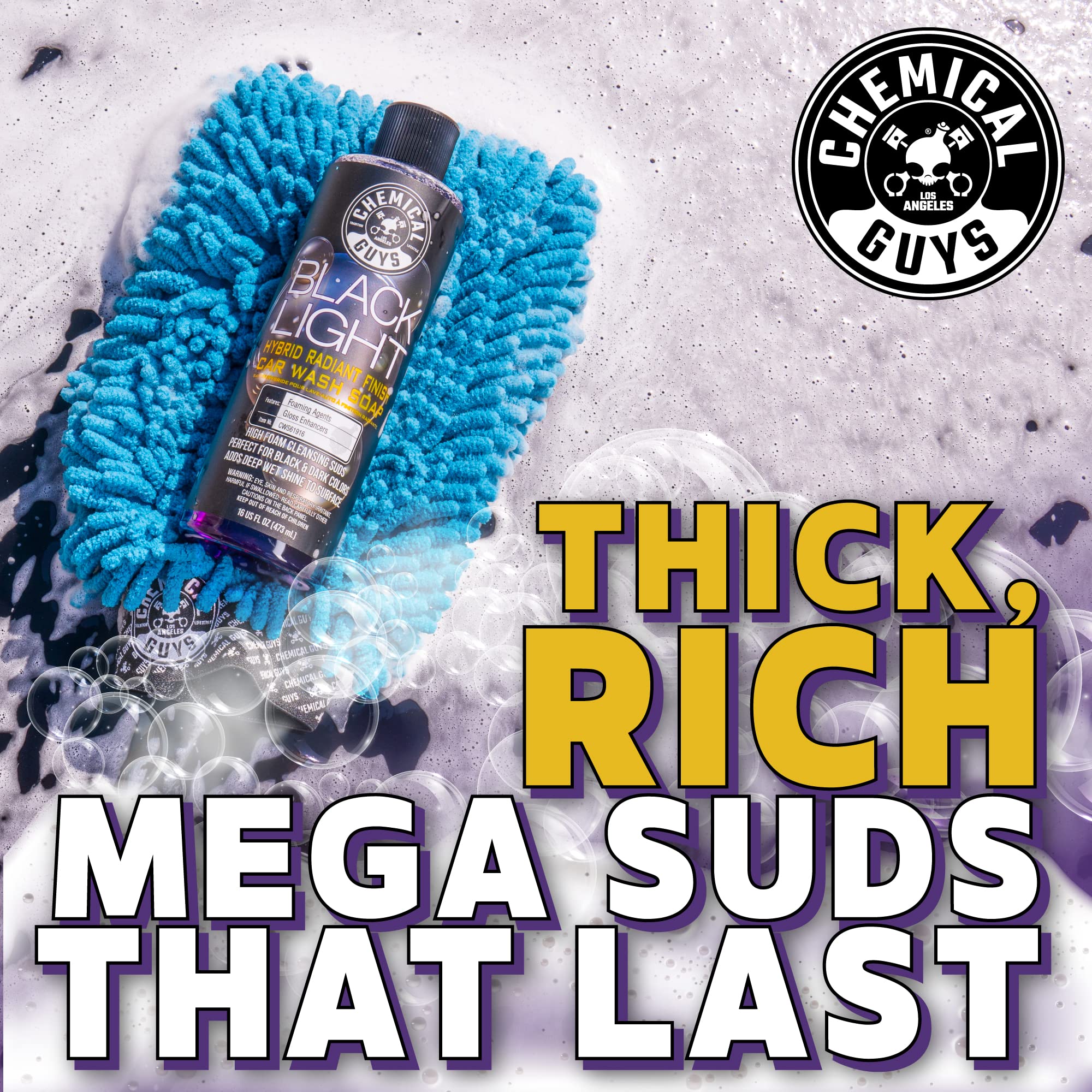 Chemical Guys Black Light foamy suds on a dark car highlight deep gloss