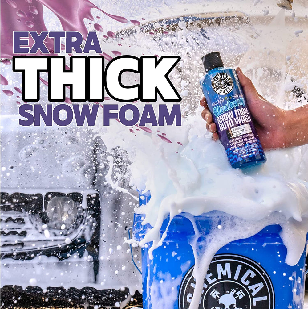 Chemical Guys Blueberry Snow Foam on a car during bucket wash produces rich suds.