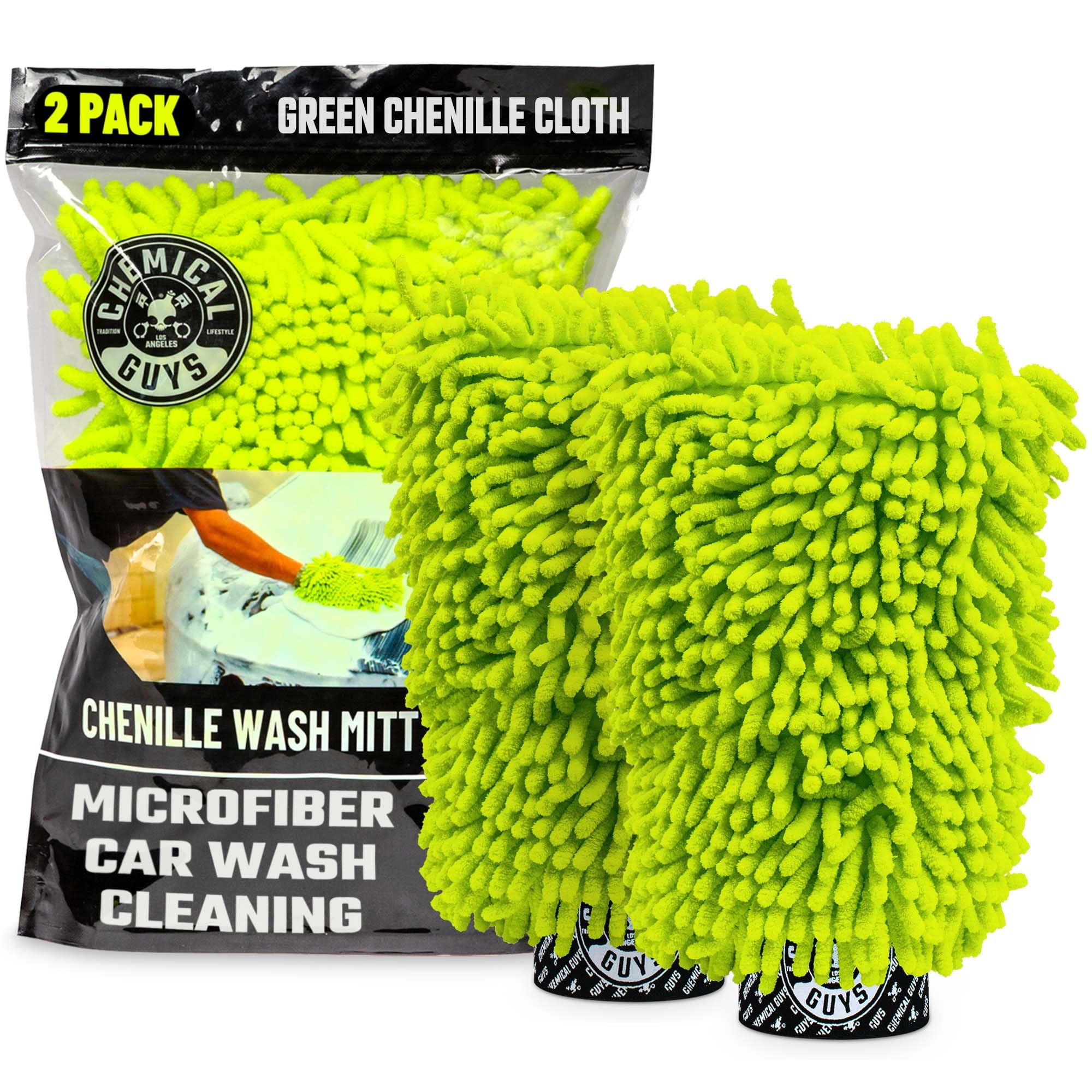 Chemical Guys Chenille Premium Wash Mitt 2-pack side view showing swirl-free cleaning on paint