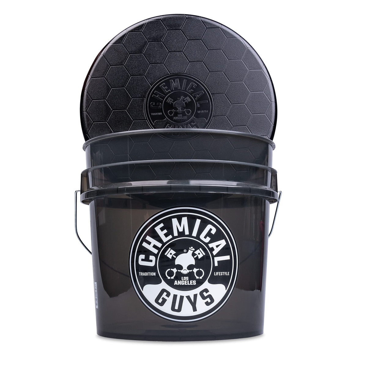Chemical Guys heavy duty detailing bucket in smoked black front view, sturdy wash companion