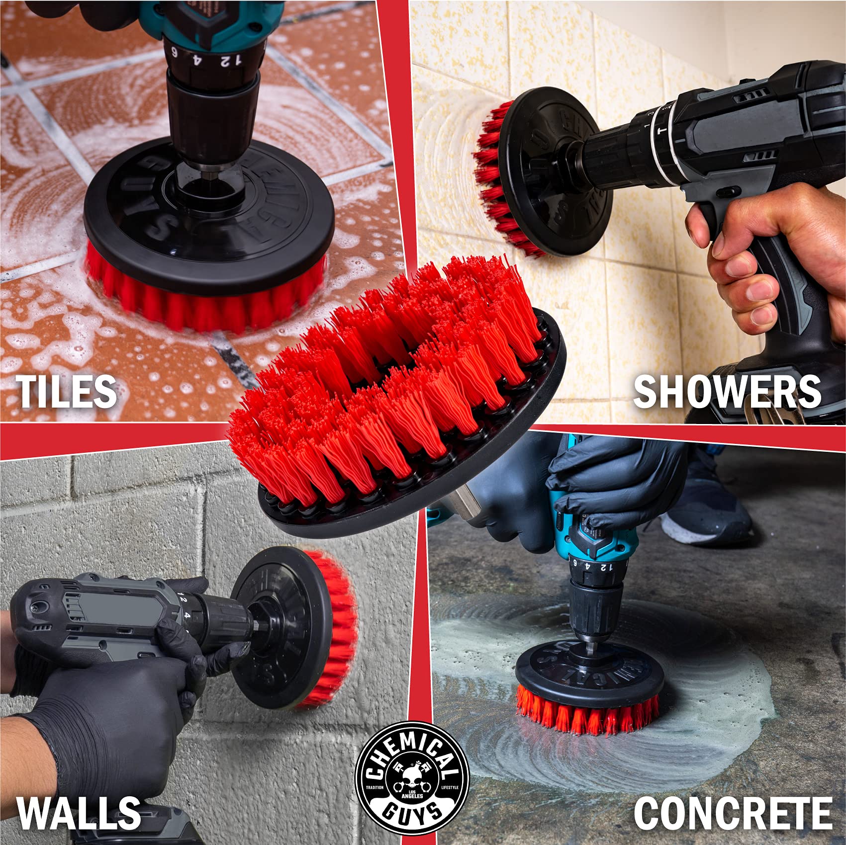 Chemical Guys Heavy-Duty Spinner Brush tile cleaning action.