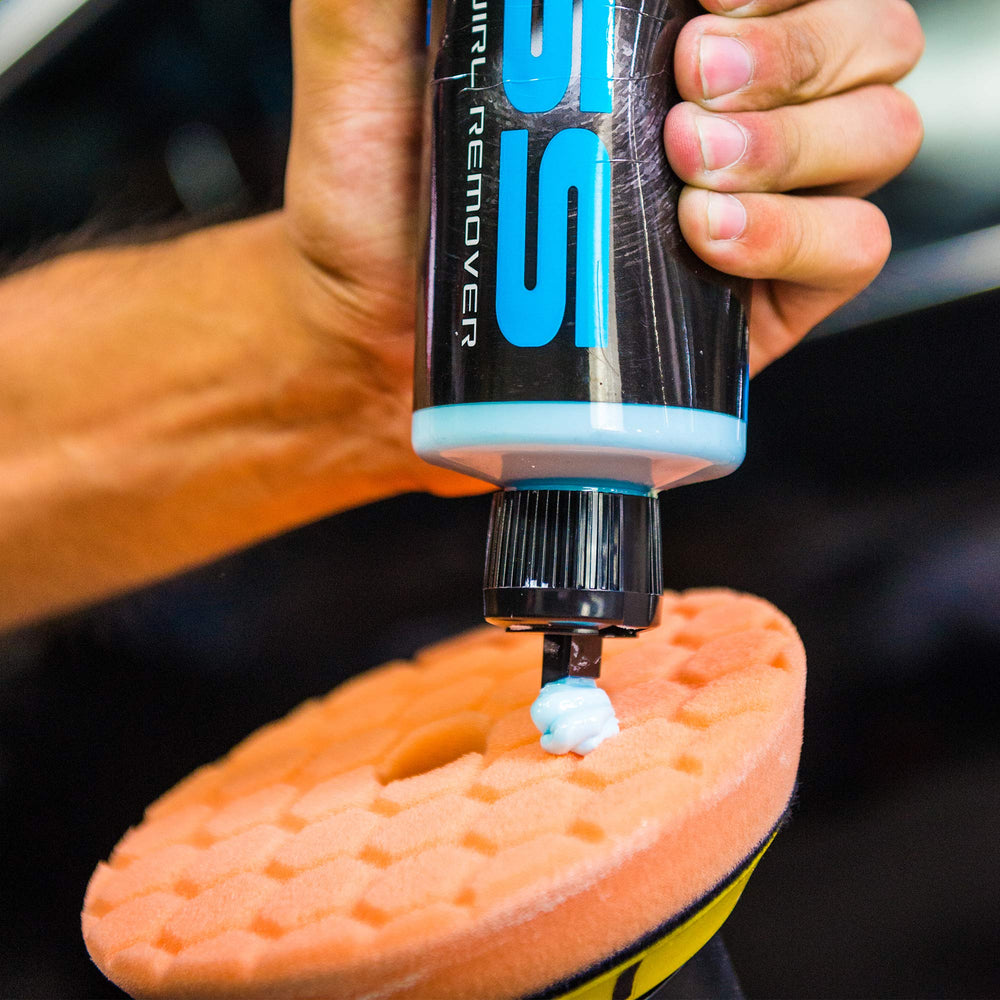 Chemical Guys Hex-Logic Quantum Orange pad close-up highlighting uniform foam density