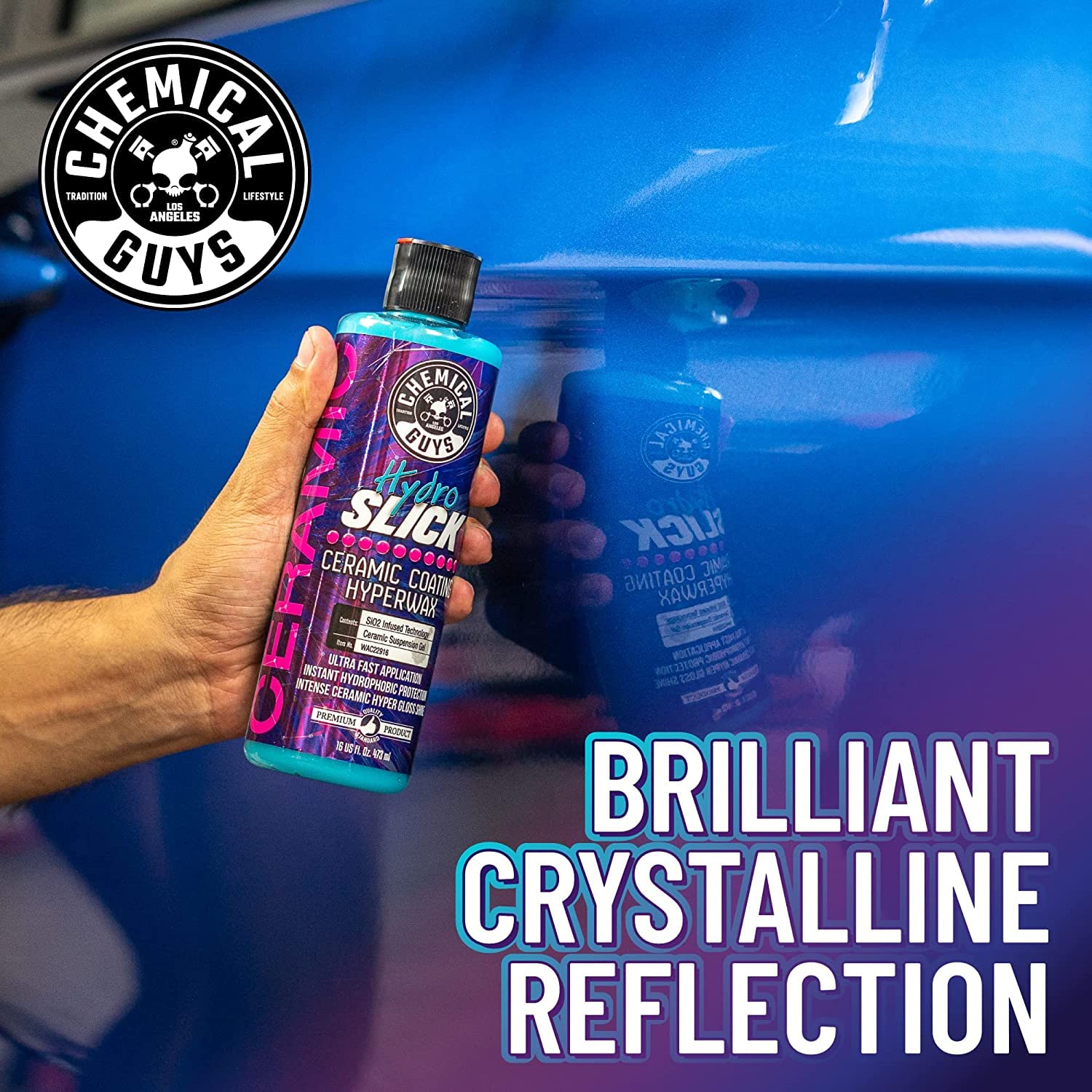 Chemical Guys HOL229 HydroSlick kit label highlighting easy, no-wax coating