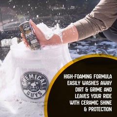 Chemical Guys HydroSuds bottle pour showing easy measuring 1–3 oz per wash.