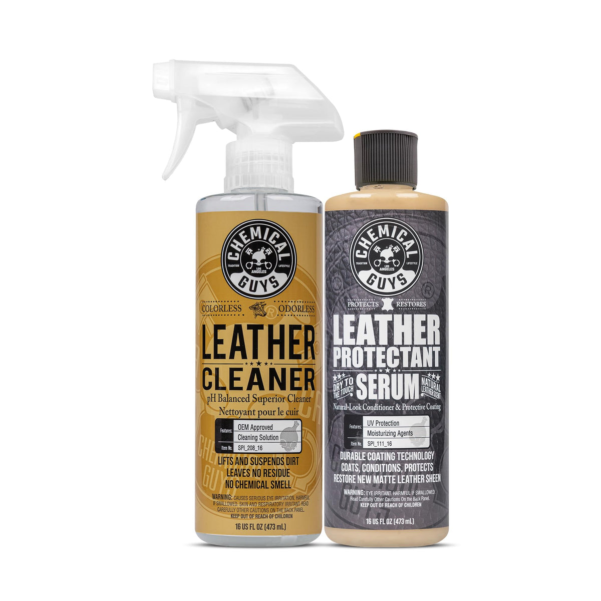 Chemical Guys Leather Cleaner bottle lifting dirt from leather surfaces.