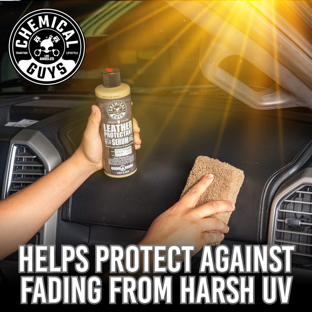 Chemical Guys Leather Cleaner on microfiber pad for even spread.
