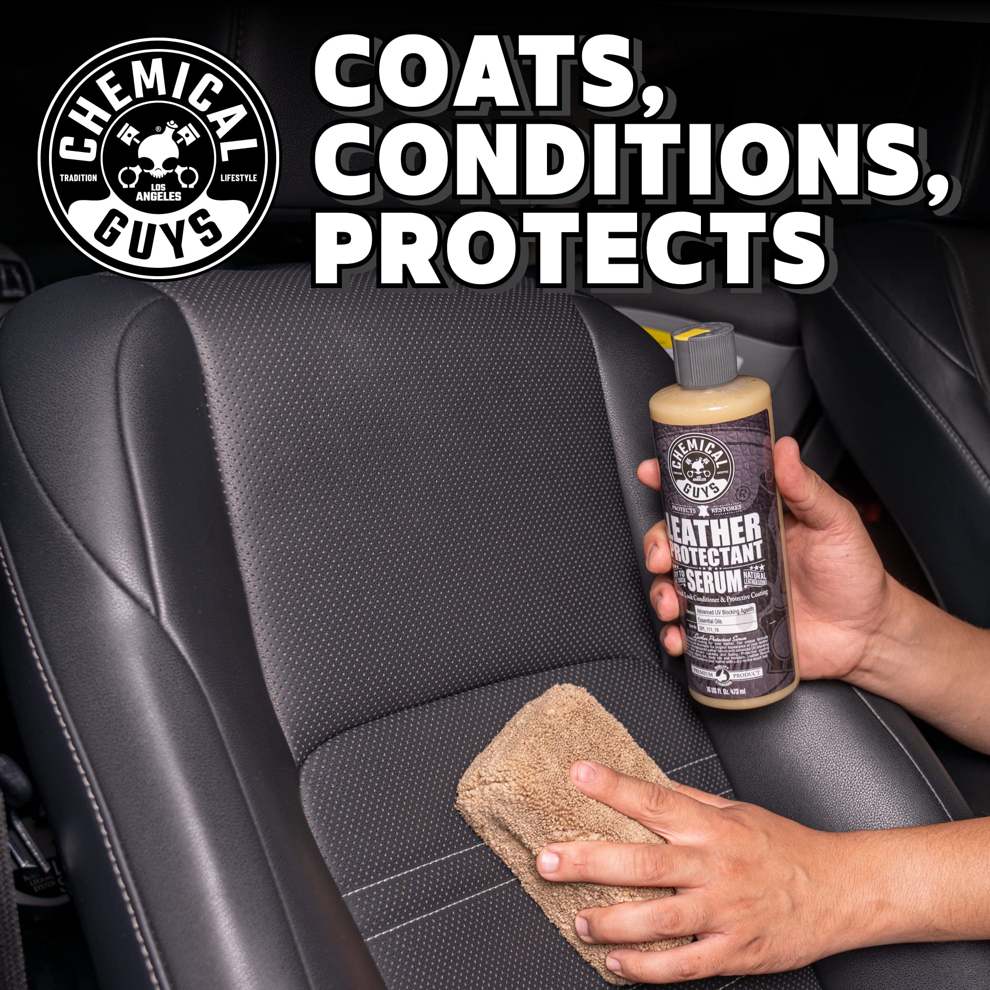 Chemical Guys Leather Cleaner applied to car seats and interior leather.