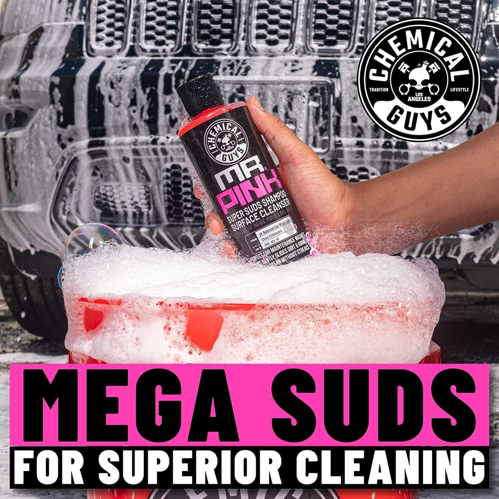 Plush microfiber drying towel absorbs water for a streak-free finish.
