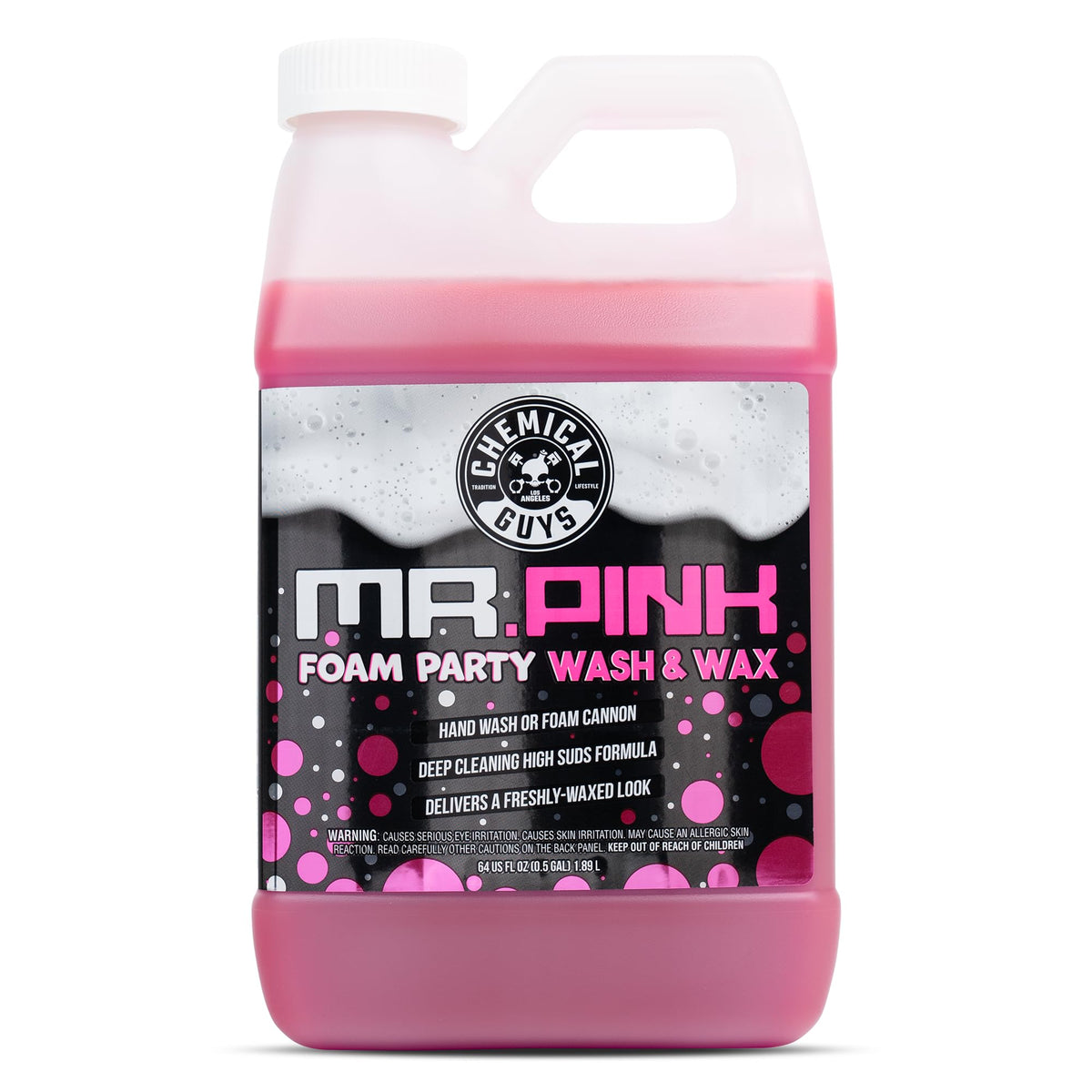 Chemical Guys Mr. Pink Foam Party Wash bottle delivering thick suds for effective dirt lifting.