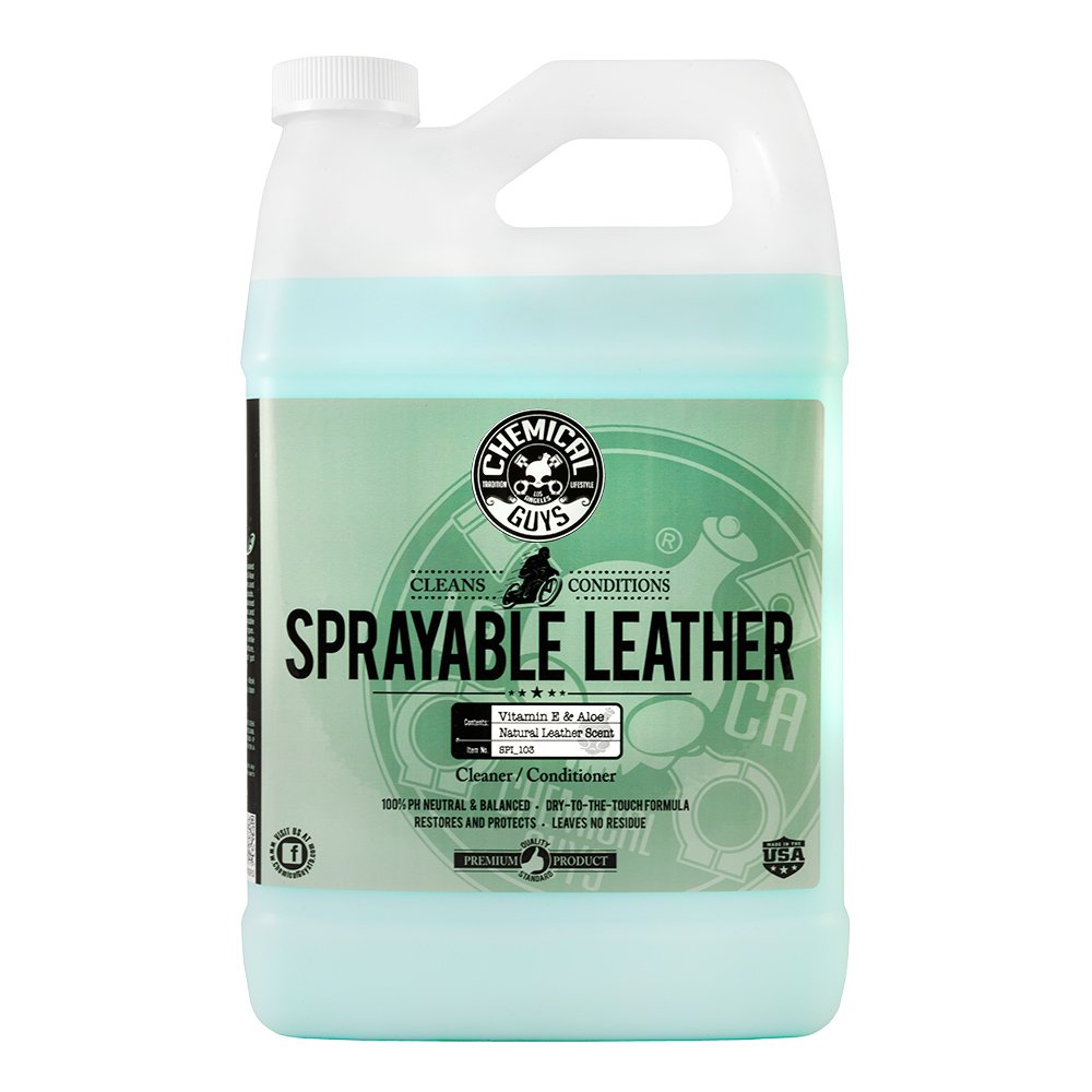 Chemical Guys SPI_103 leather cleaner bottle demonstrates dual cleaning and conditioning action for leather surfaces