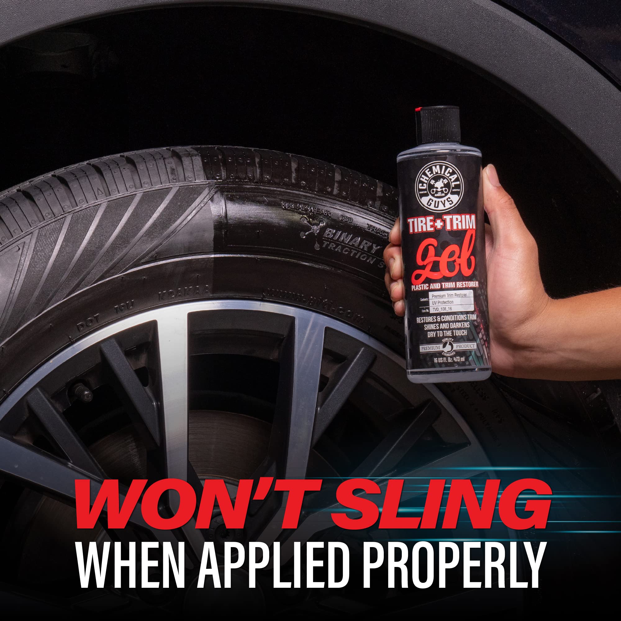 Chemical Guys Tire And Trim Gel repels dirt for a cleaner longer-lasting look
