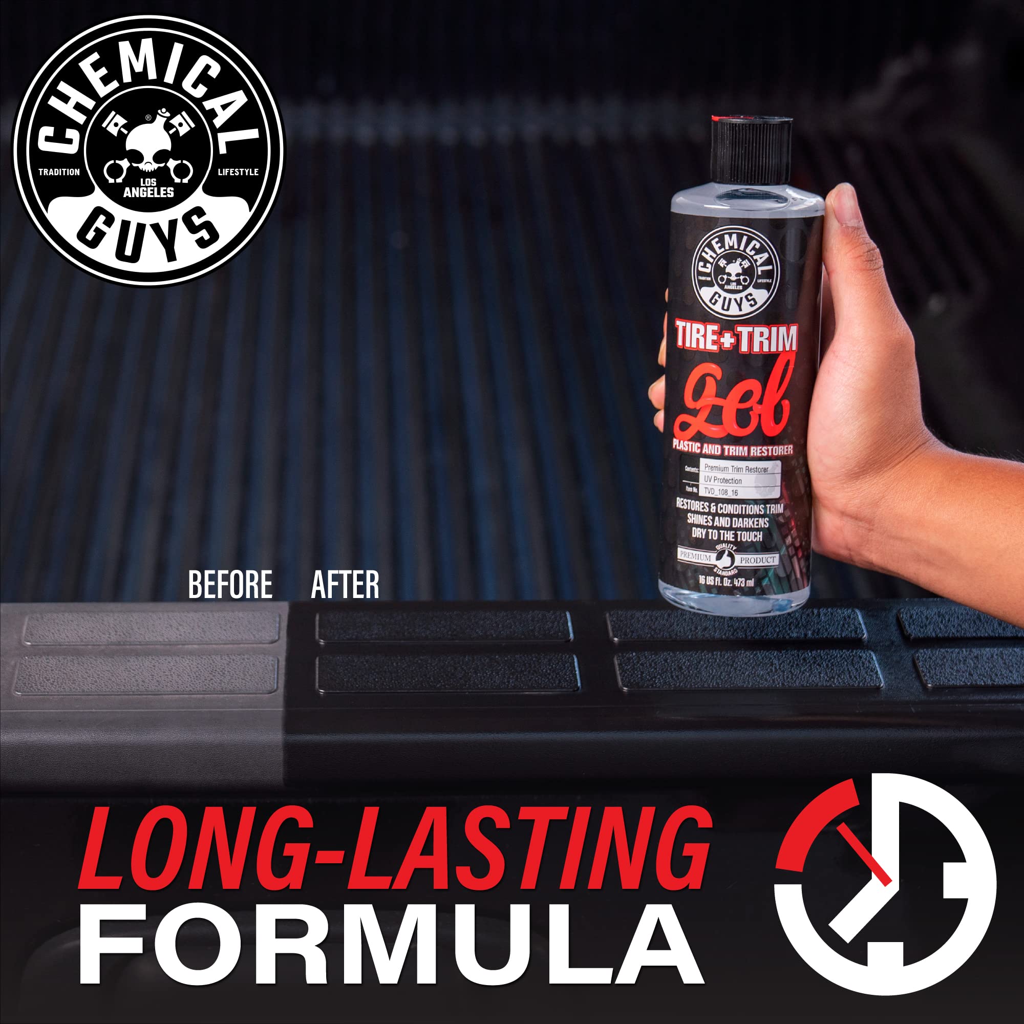 Chemical Guys Tire And Trim Gel for rubber surfaces helps prevent discoloration and sun fade