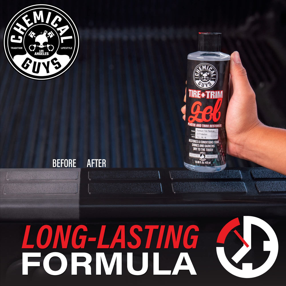 Chemical Guys Tire And Trim Gel for rubber surfaces helps prevent discoloration and sun fade