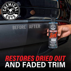 Chemical Guys Tire And Trim Gel on trim revives plastic and vinyl with a glossy finish