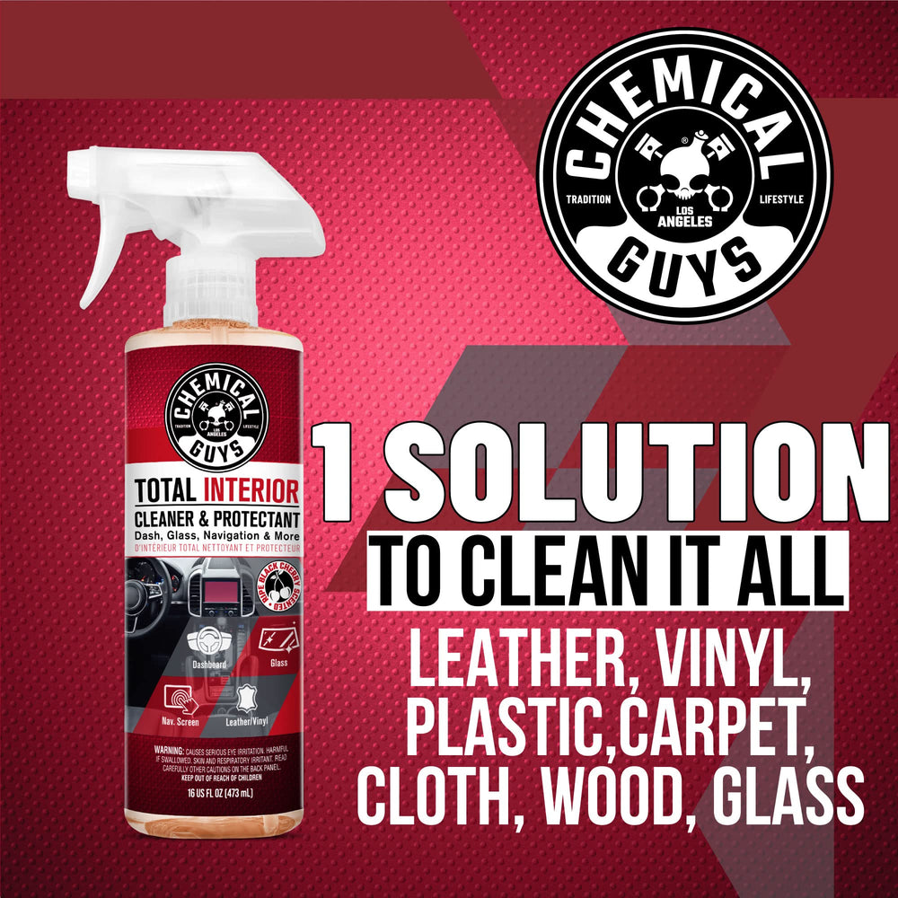 Chemical Guys Total Interior Cleaner on dashboard and wood trim cleans and refreshes