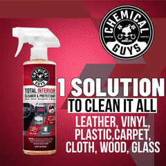 Chemical Guys Total Interior Cleaner on dashboard and wood trim cleans and refreshes