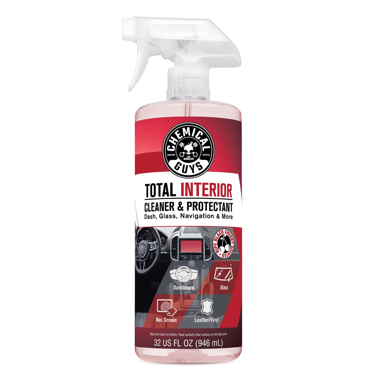 Chemical Guys Total Interior Cleaner bottle with Black Cherry scent cleans all interior surfaces