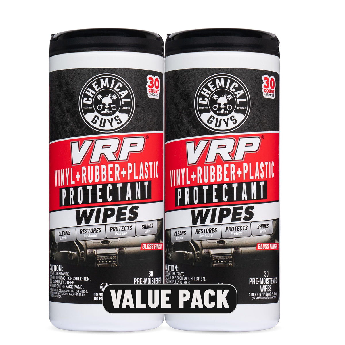 Chemical Guys VRP wipes canister front view for on-the-go interior detailing