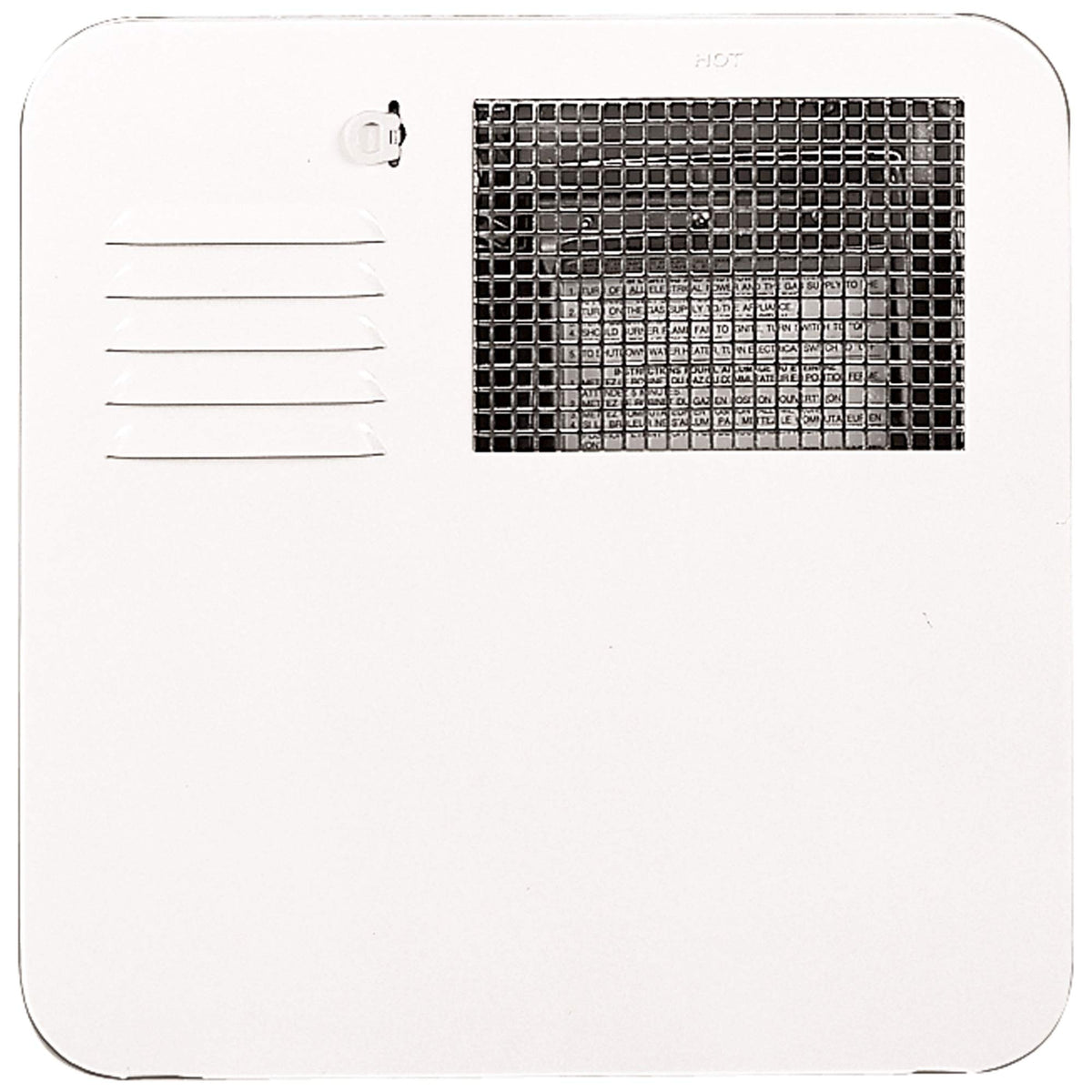 Chevrolet Suburban polar white water heater door showcases durable corrosion-resistant steel for RV exterior access