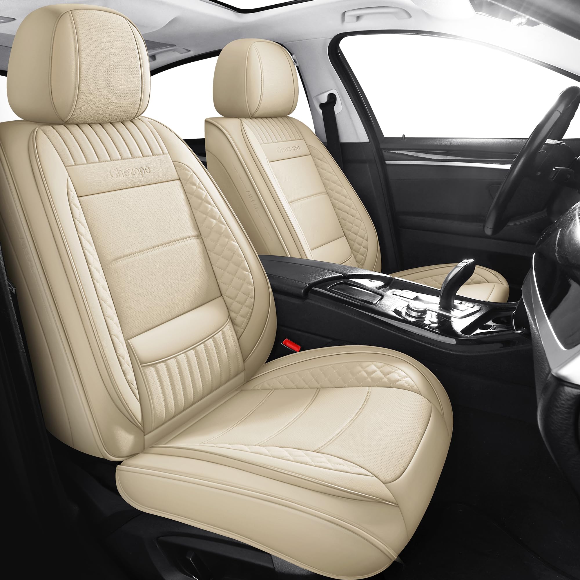 Chezope beige leather front seat cover protects against spills and wear.