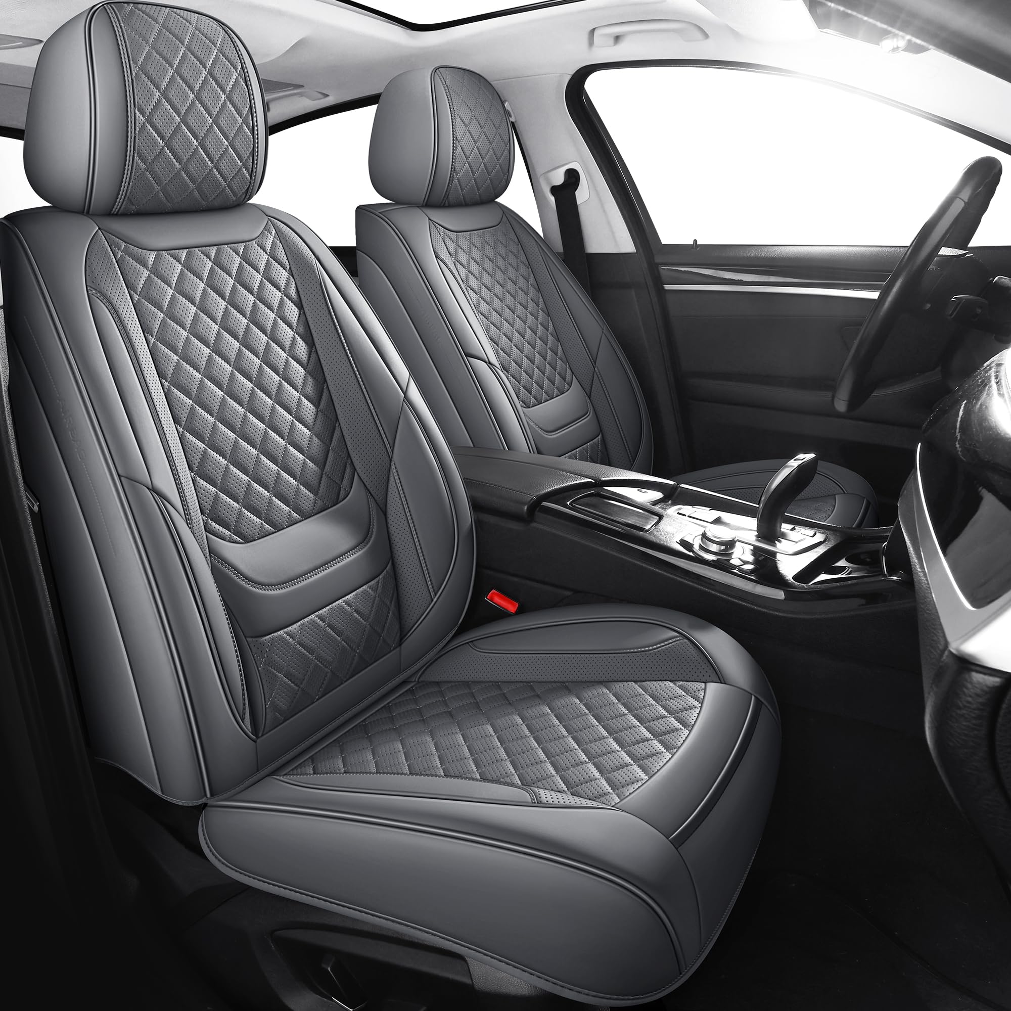 Chezope leather seat covers front pair with grey diamonds for durable protection and refined look.
