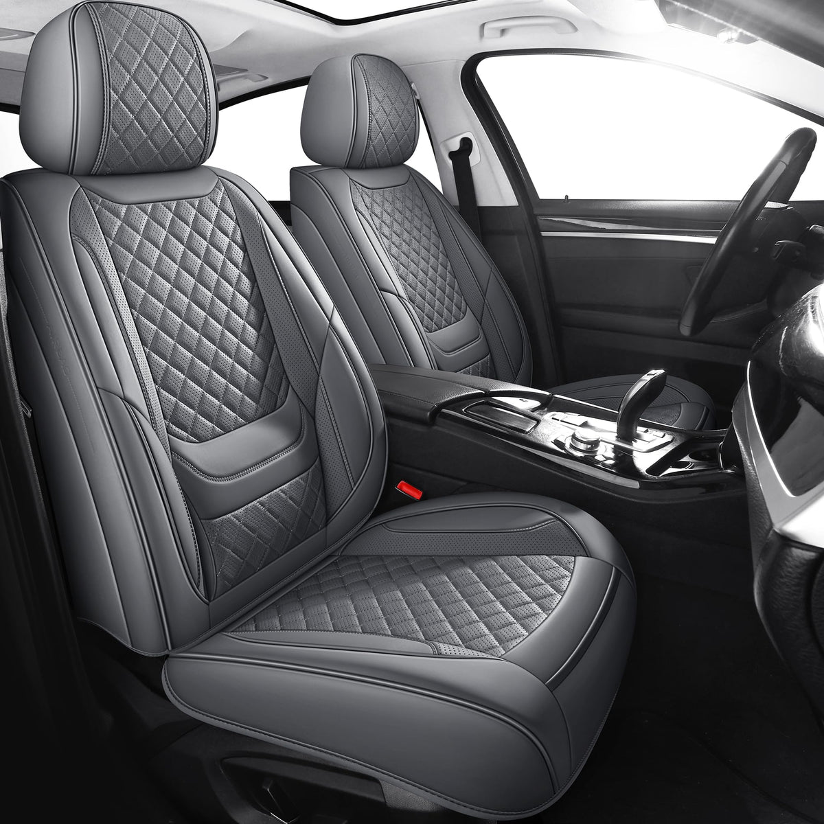 Chezope leather seat covers front pair with grey diamonds for durable protection and refined look.
