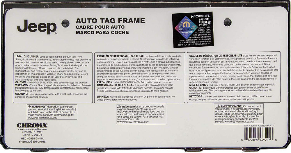 CHROMA Jeep License Plate Frame one-piece design eases mounting and minimizes gaps.