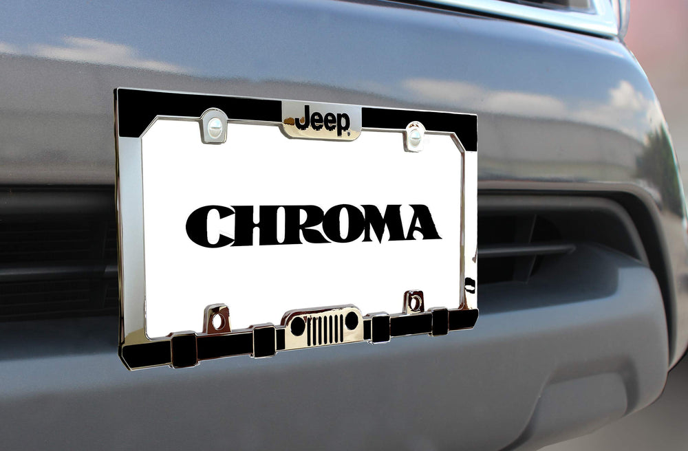 CHROMA Jeep License Plate Frame side view, bold chrome finish enhances styling.