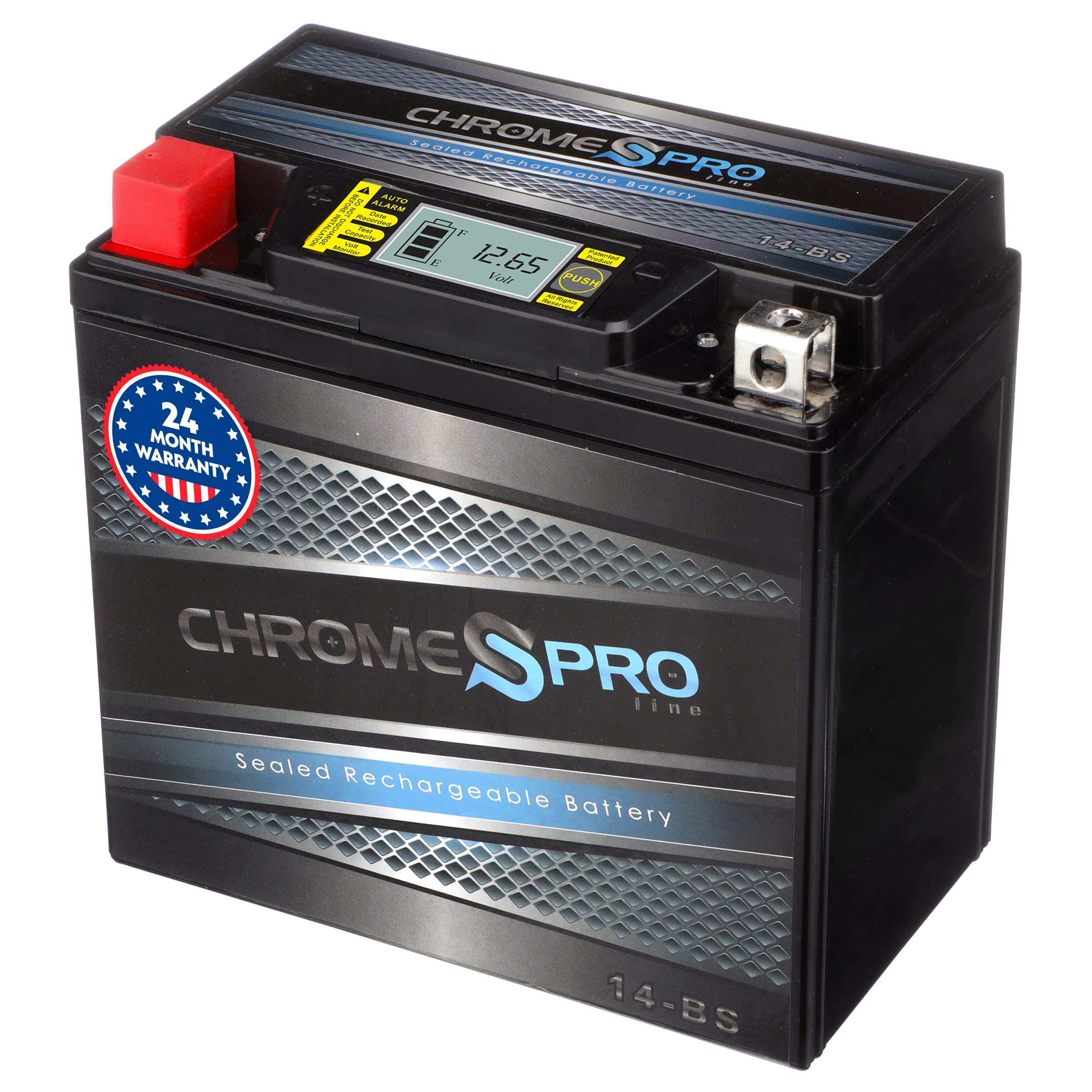 Chrome S Pro iGel YTX14-BS battery with LED display for quick voltage checks