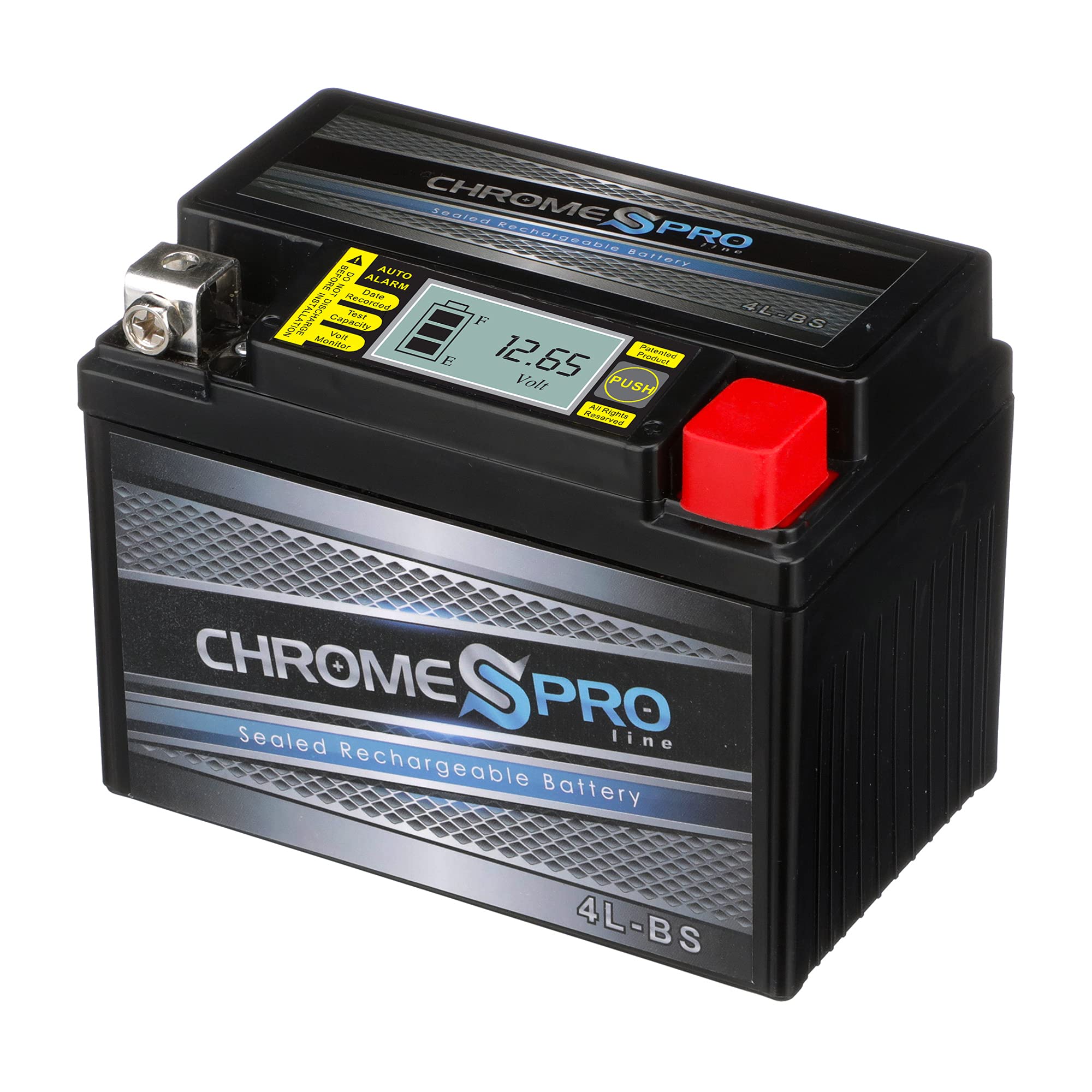 Chrome S Pro iGel YTX4L-BS battery with LED display showing voltage readout for quick monitoring