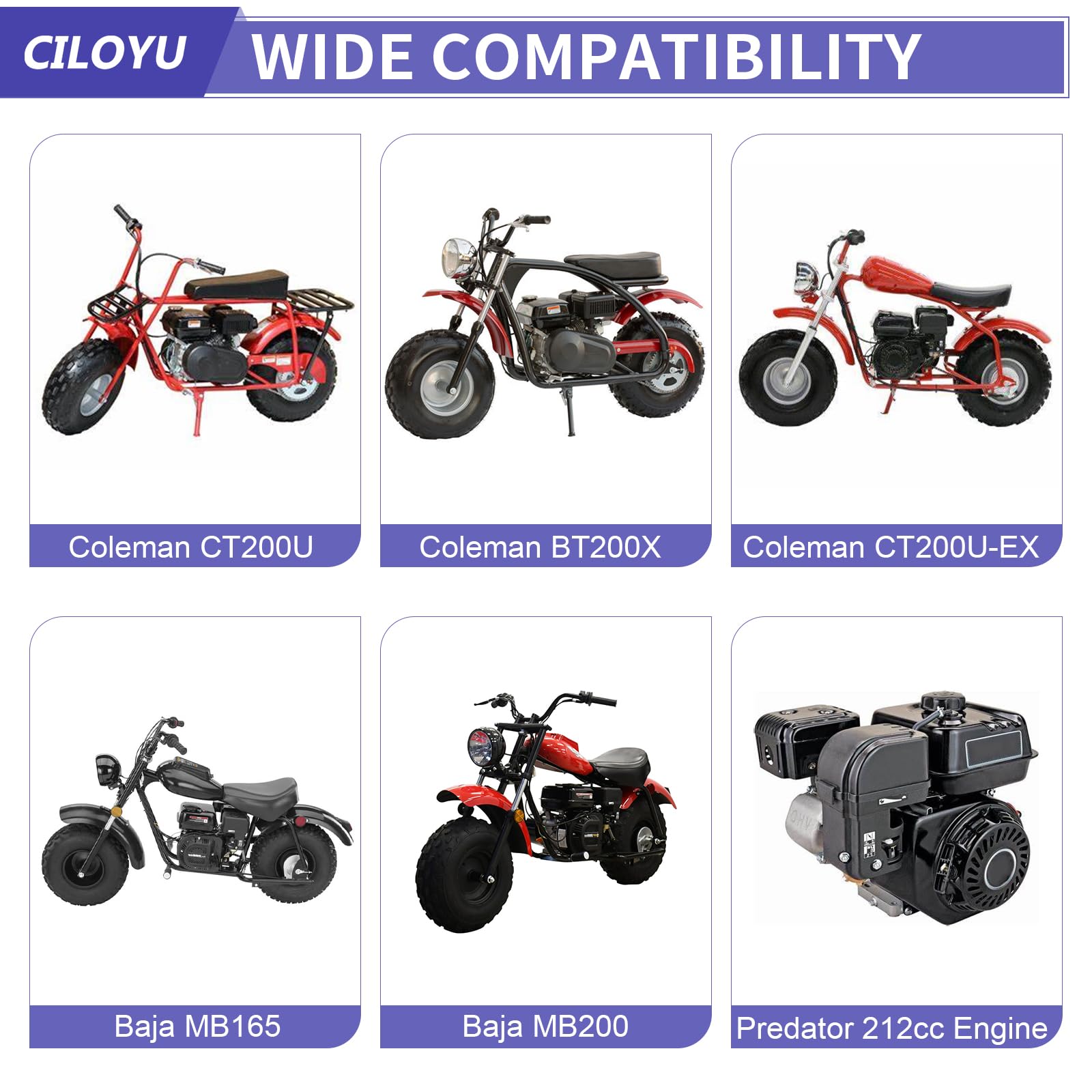 Compatibility chart highlighting supported mini bike models for the CILOYU kit
