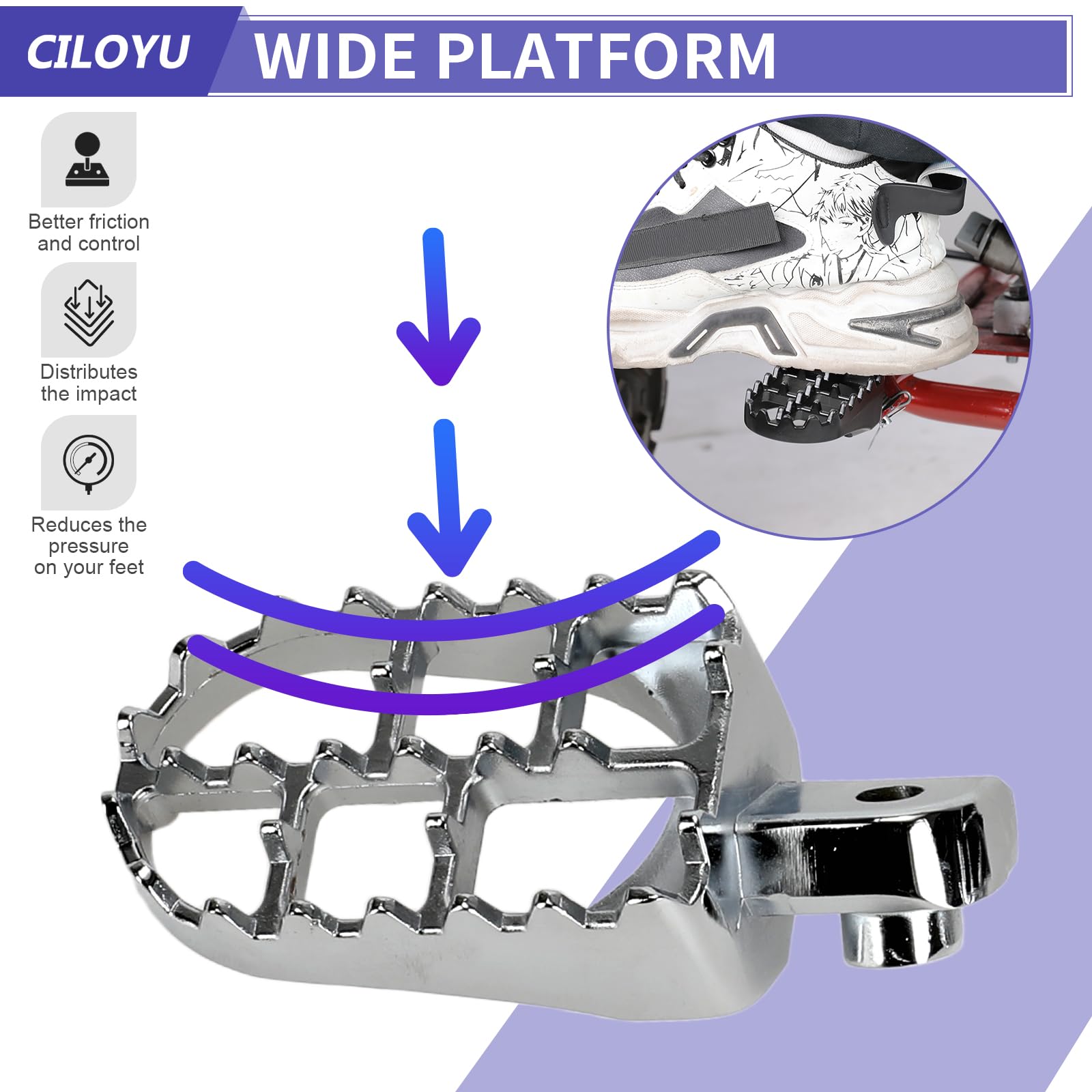 CILOYU foot pegs 28-tooth anti-slip design enhances traction on damp days