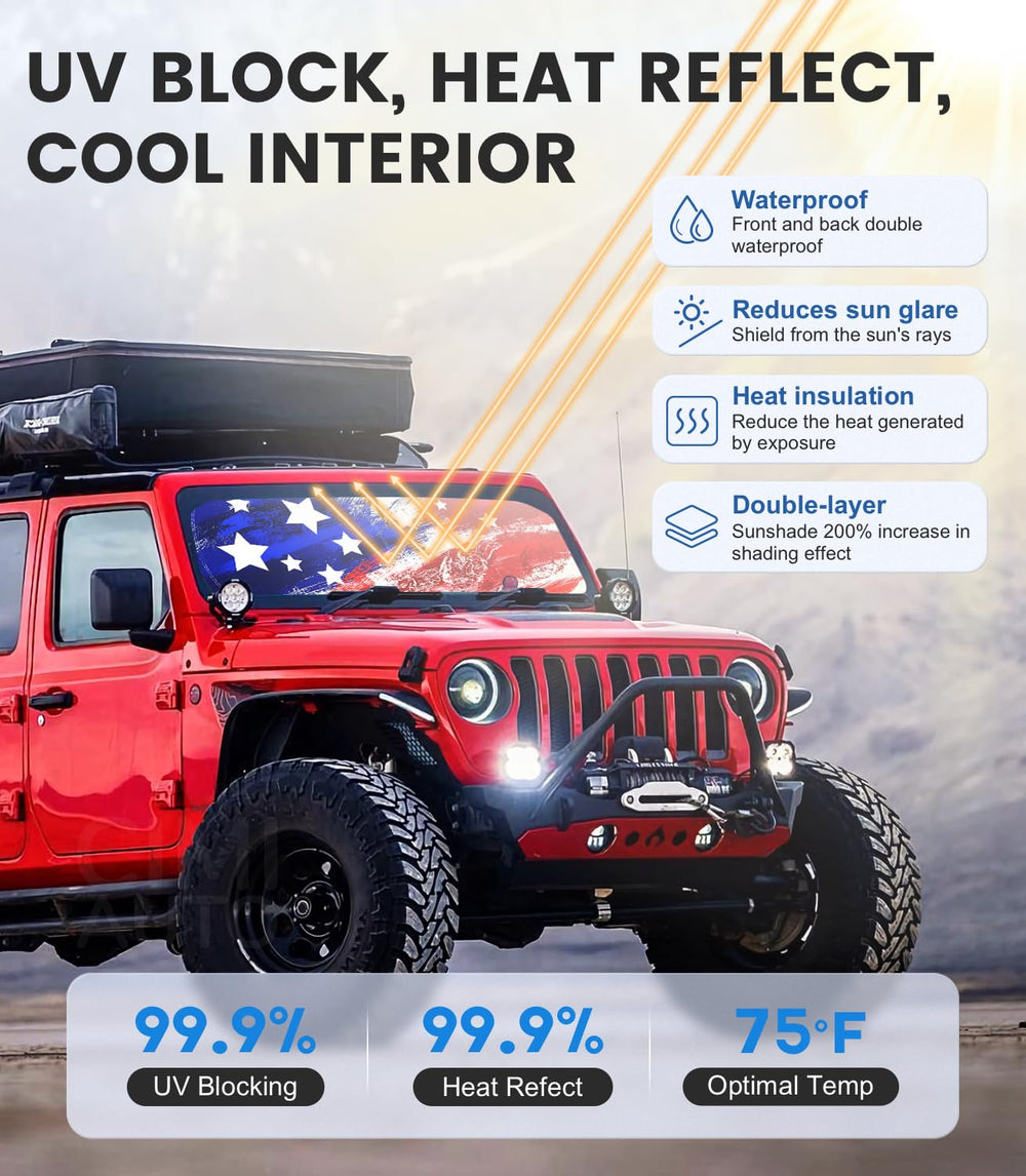 CIMIAUTO foldable sunshade with elastic ring enables quick installation on Wrangler windshield.