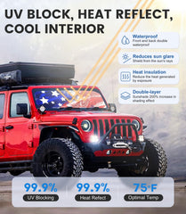 CIMIAUTO foldable sunshade with elastic ring enables quick installation on Wrangler windshield.