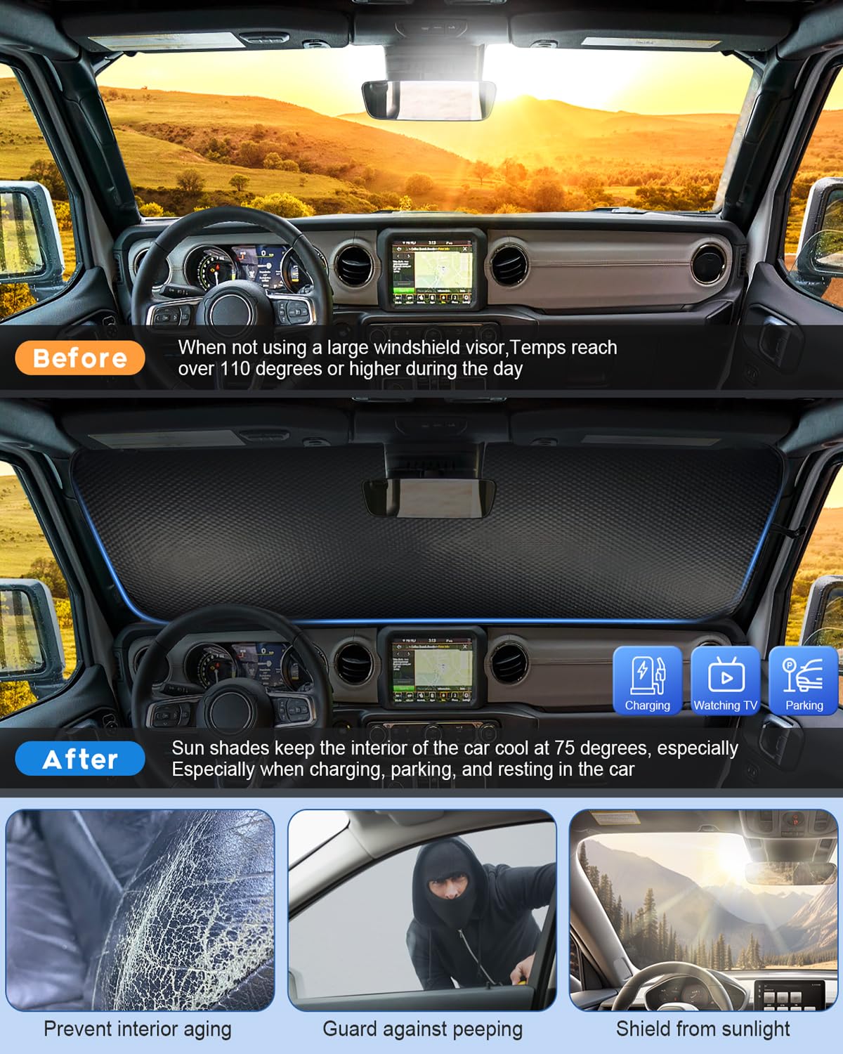 CIMIAUTO heat-reflection shield minimizes interior heat on hot days