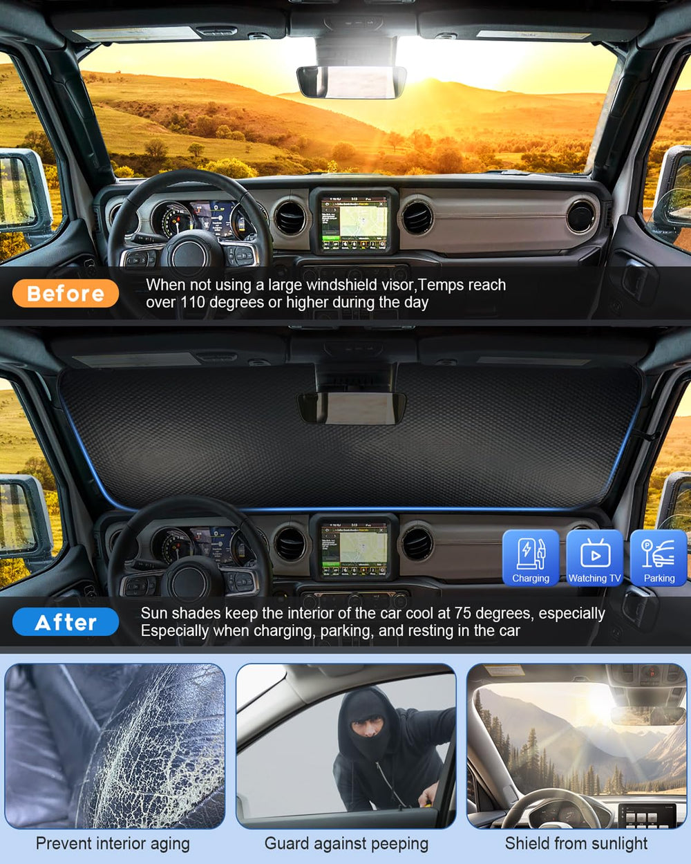 CIMIAUTO heat-reflection shield minimizes interior heat on hot days