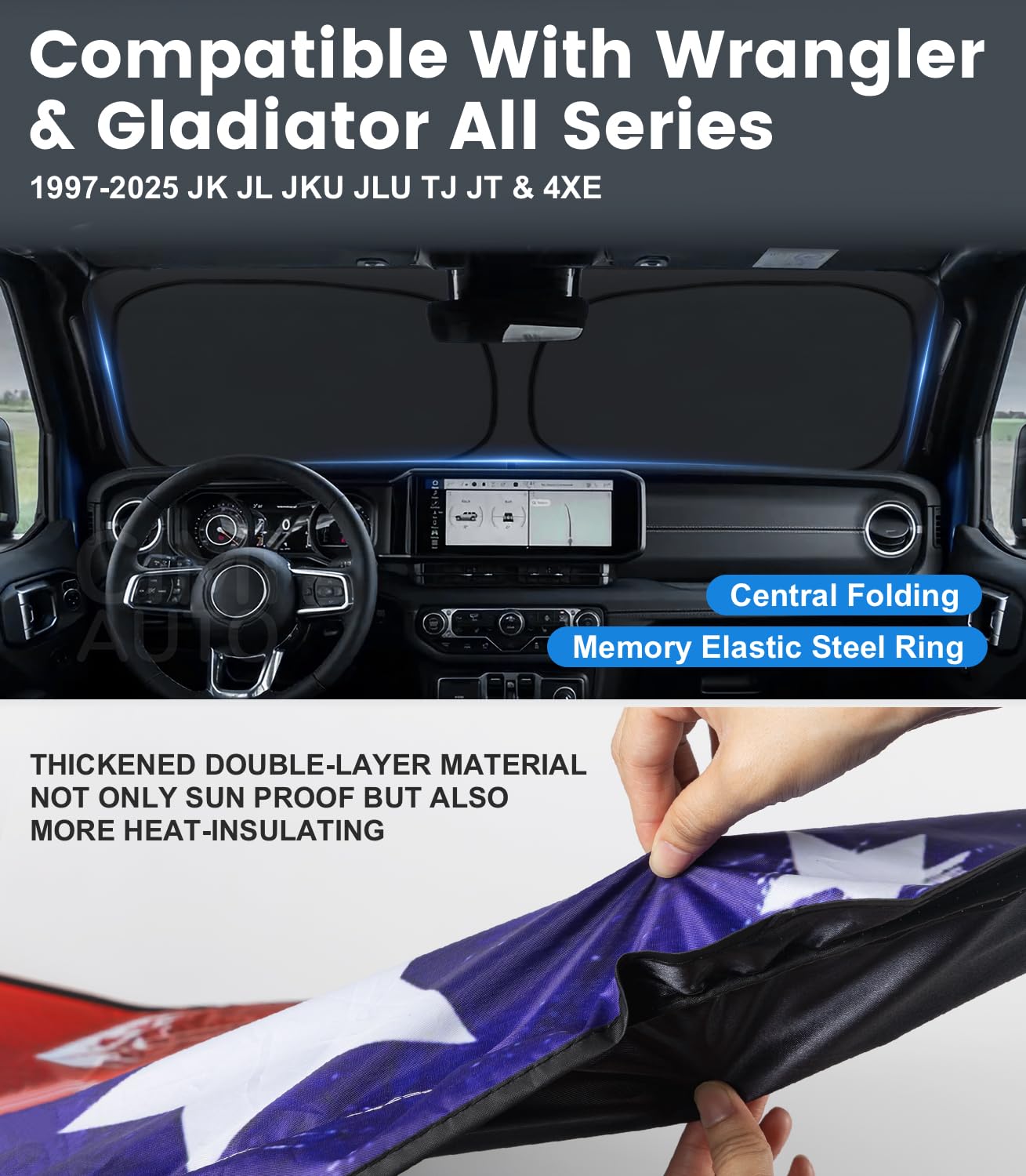 CIMIAUTO privacy sunshade shields the dashboard and steering wheel from sun exposure.