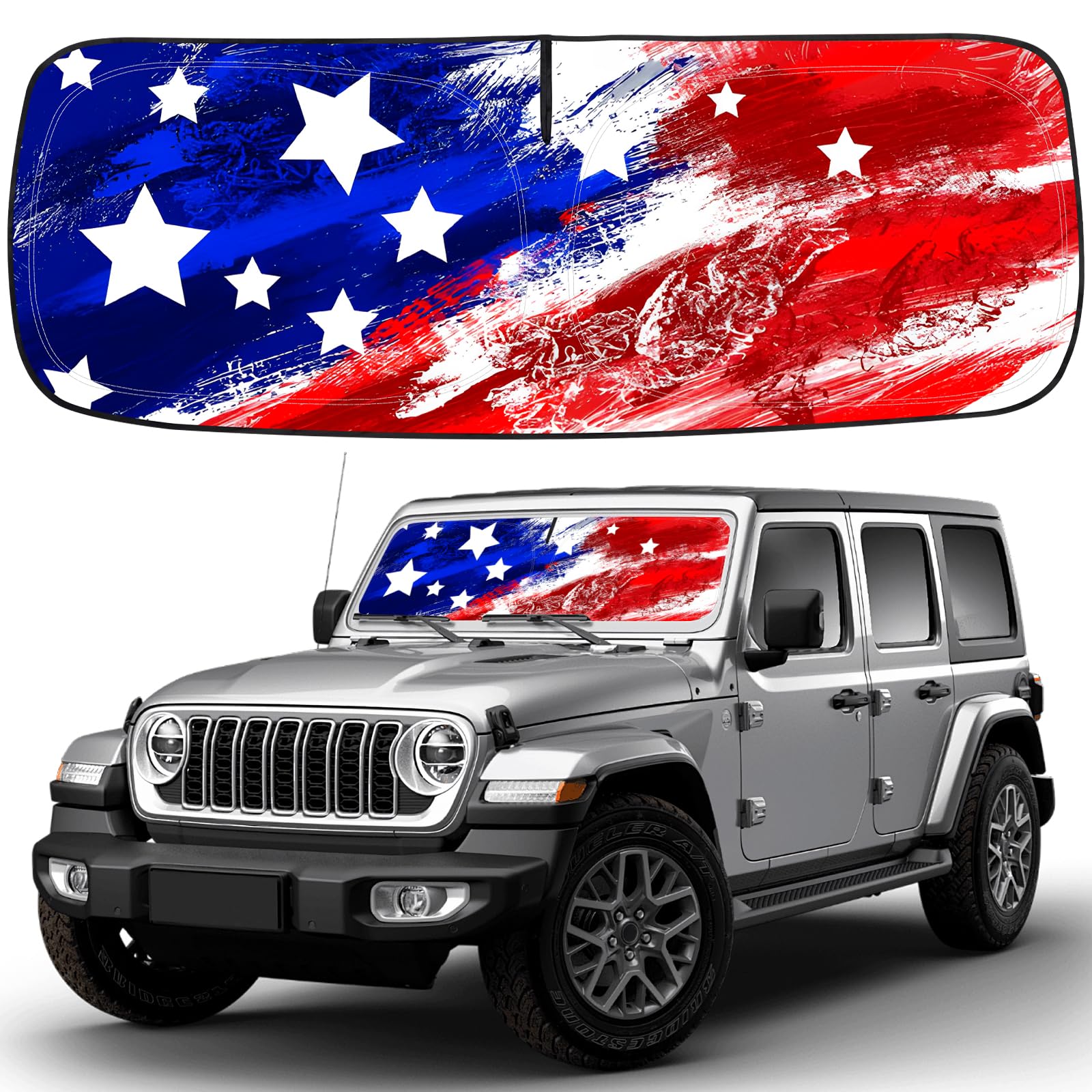CIMIAUTO USA Flag windscreen sunshade for Jeep Wrangler blocks heat and glare.