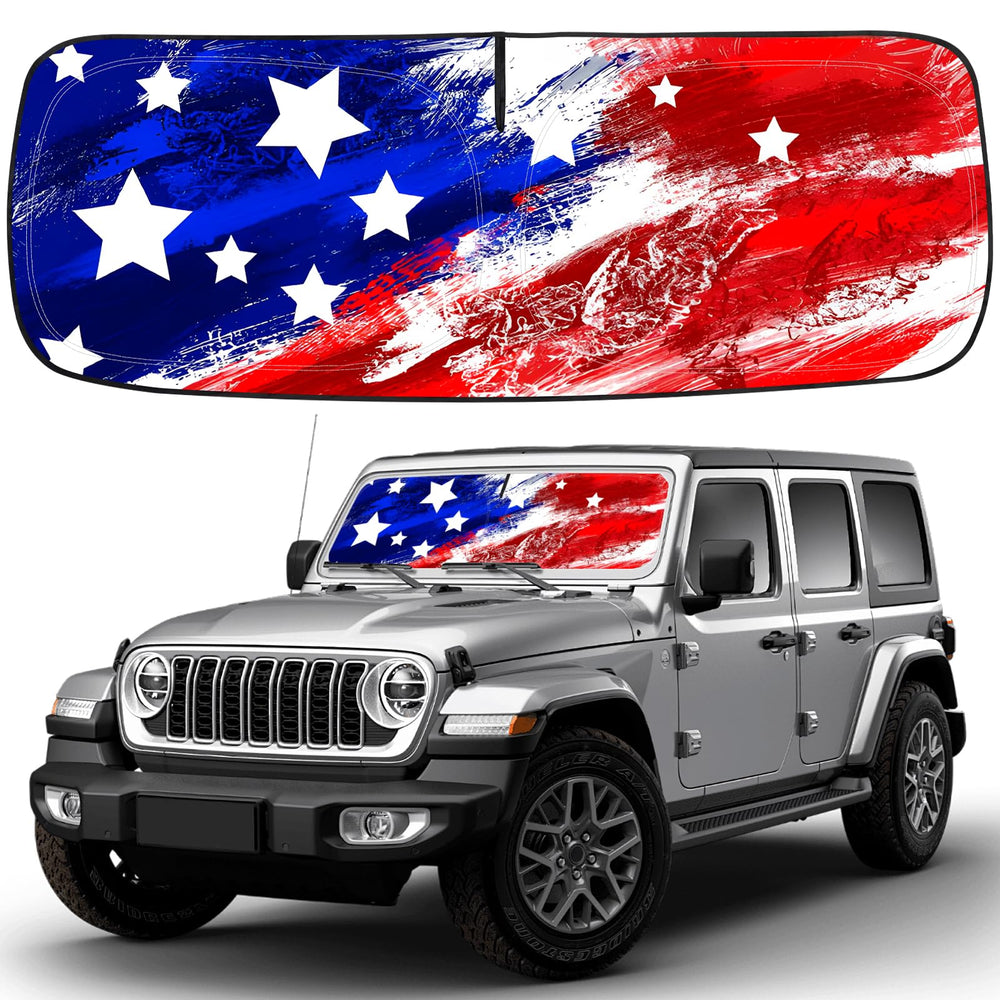 CIMIAUTO USA Flag windscreen sunshade for Jeep Wrangler blocks heat and glare.