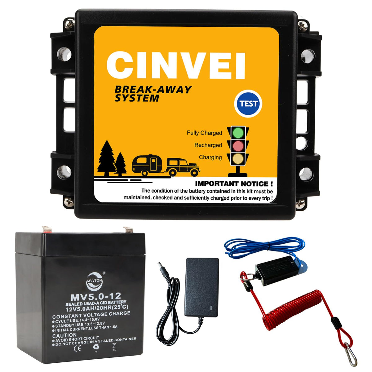 CINVEI trailer breakaway kit charger displaying charging status
