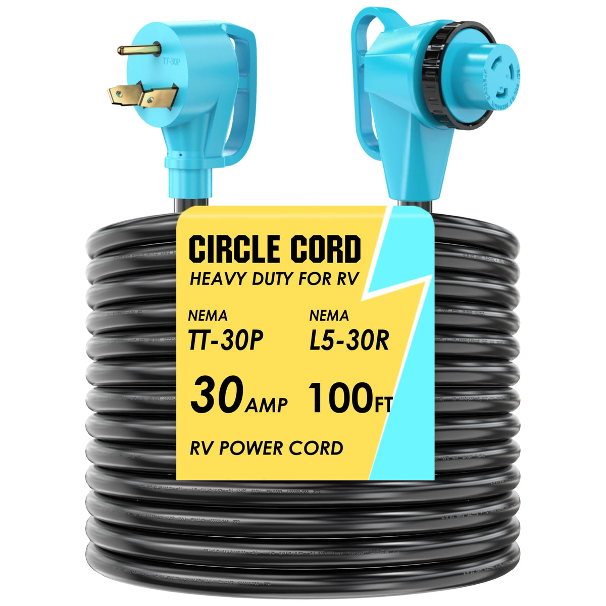 CircleCord 30A 100ft RV power cord for rugged outdoor hookups with reliable power delivery.