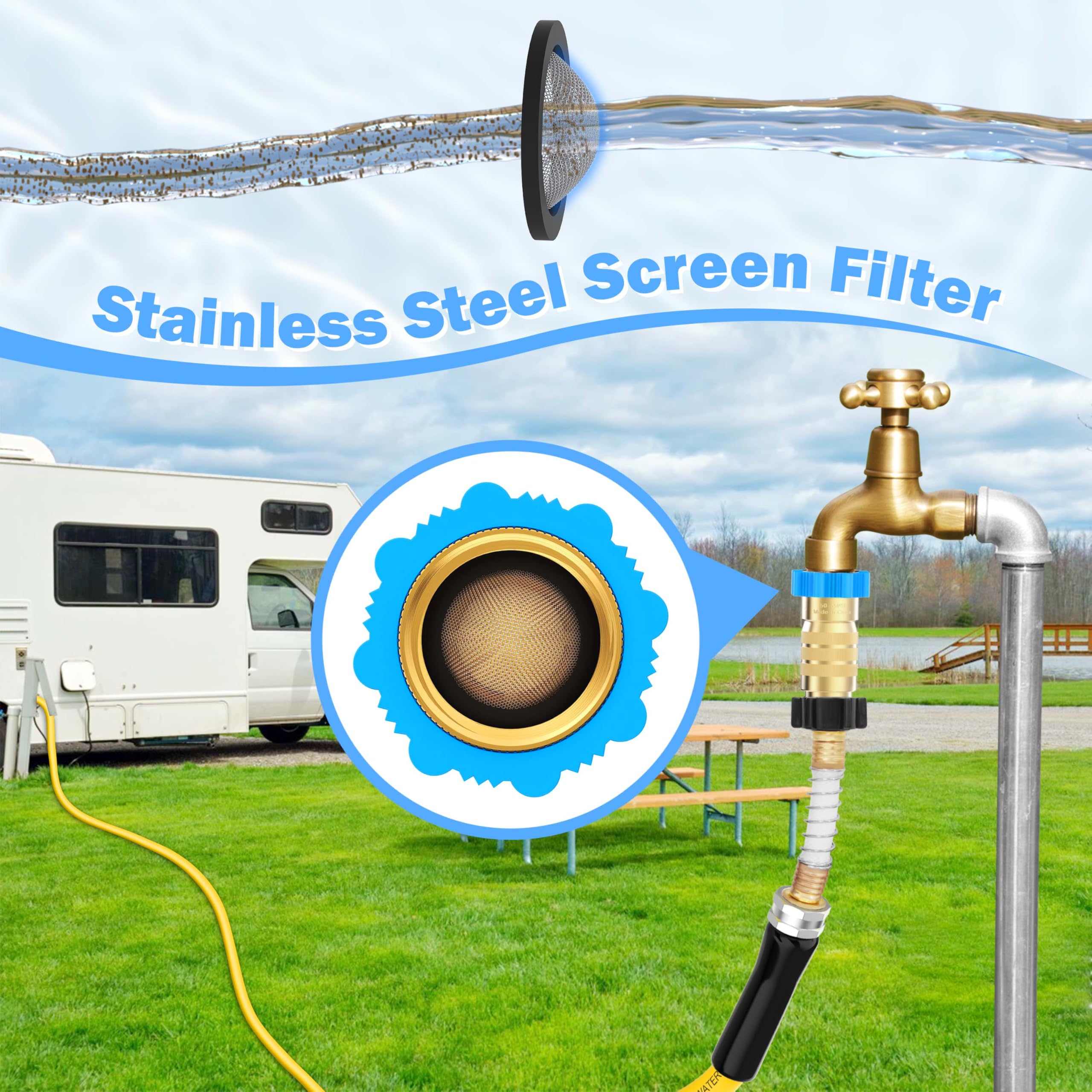 CircleCord RV regulator in use during camping, supporting steady showers.