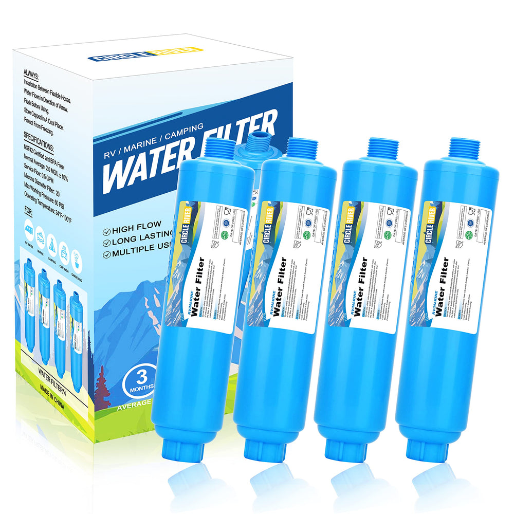 CircleRiver RV inline filter assembly reduces chlorine for clean tasting water on the go.