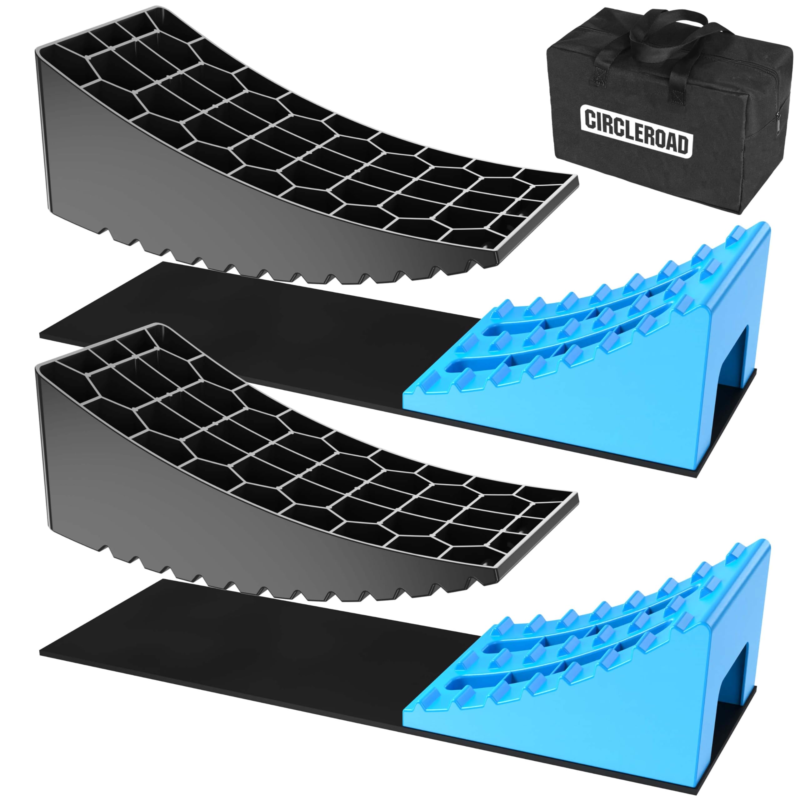 CircleRoad RV levelers in heavy-duty blocks provide a stable leveling base for large vehicles.