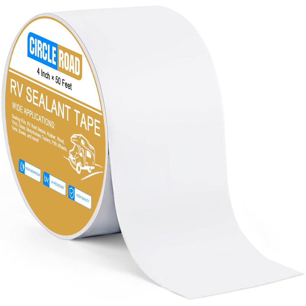 CircleRoad RV Roof Tape 4in-50ft roll shows durable butyl material for leak prevention.