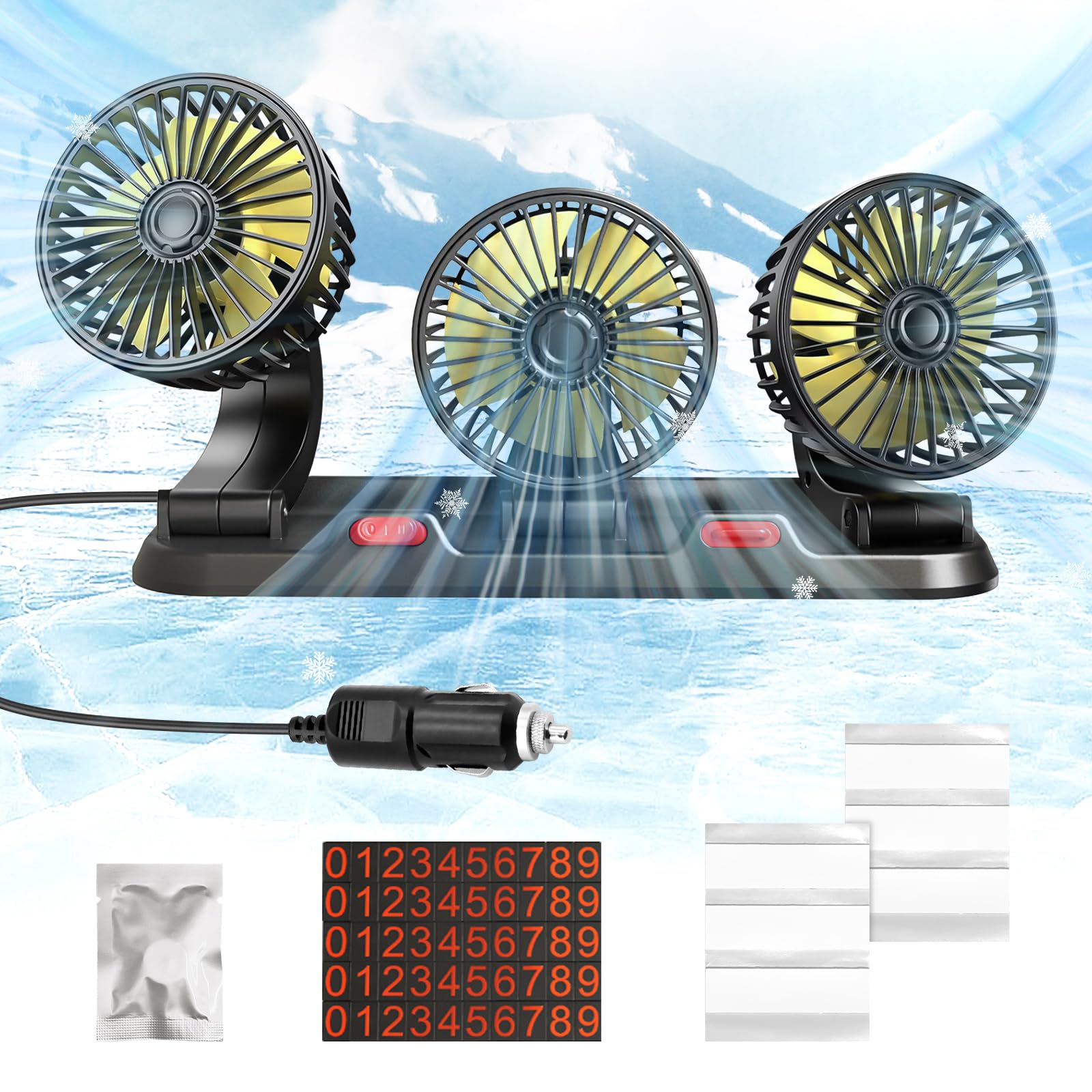 Cisbelw portable 3-head car cooling fan with 360° rotation for quick cabin cooling.