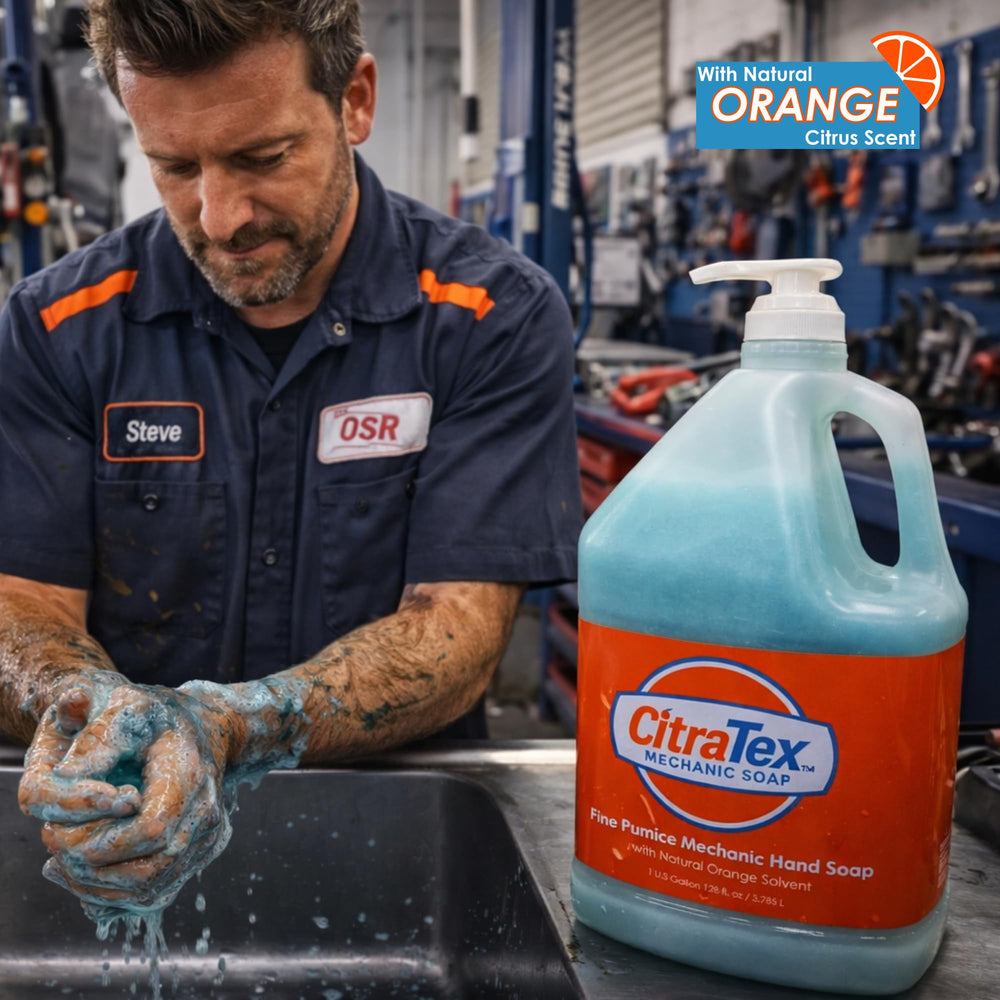 Citratex pumice hand cleaner for mechanics, scrubs grime without harshness.